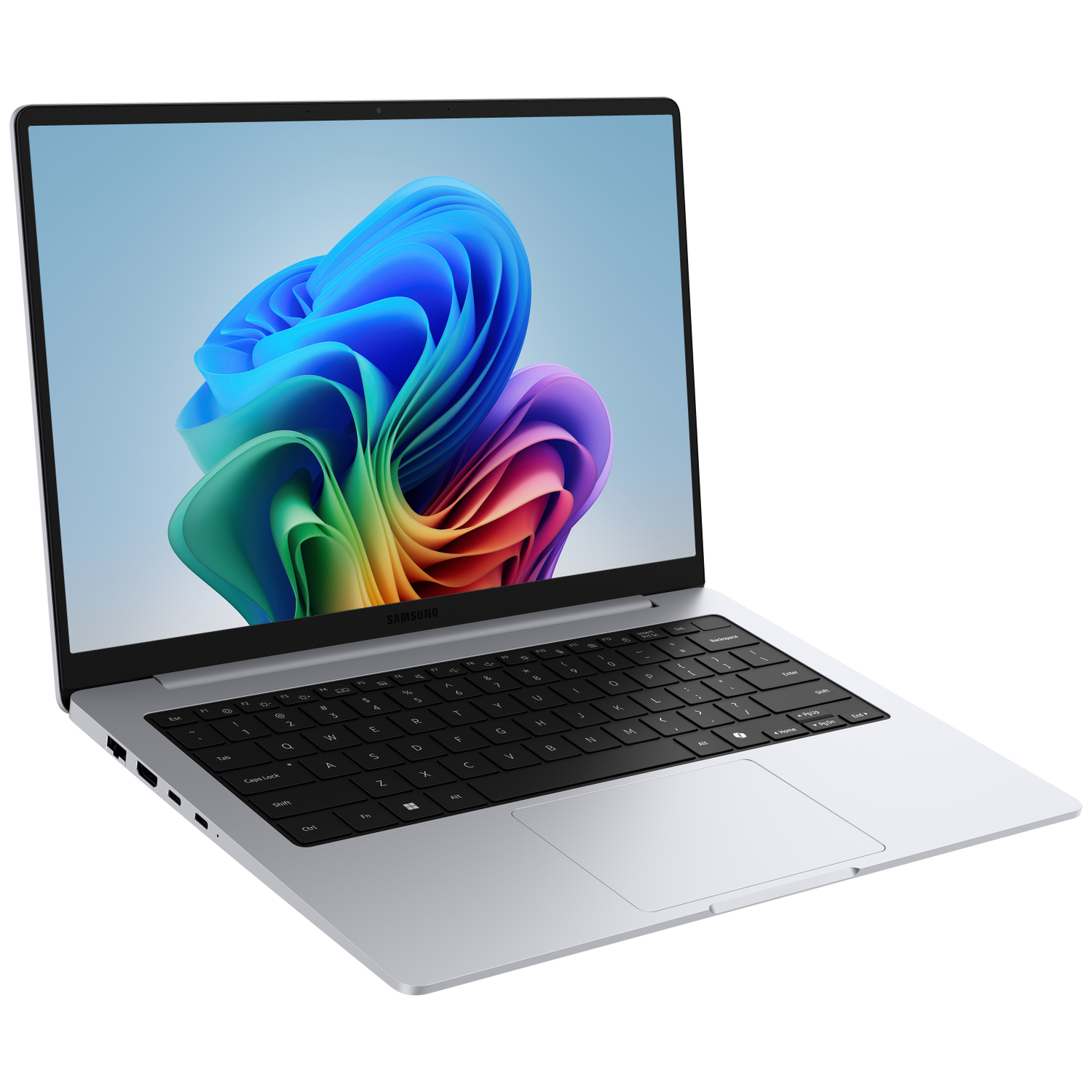 A silver laptop with a colorful wallpaper displayed on its screen.