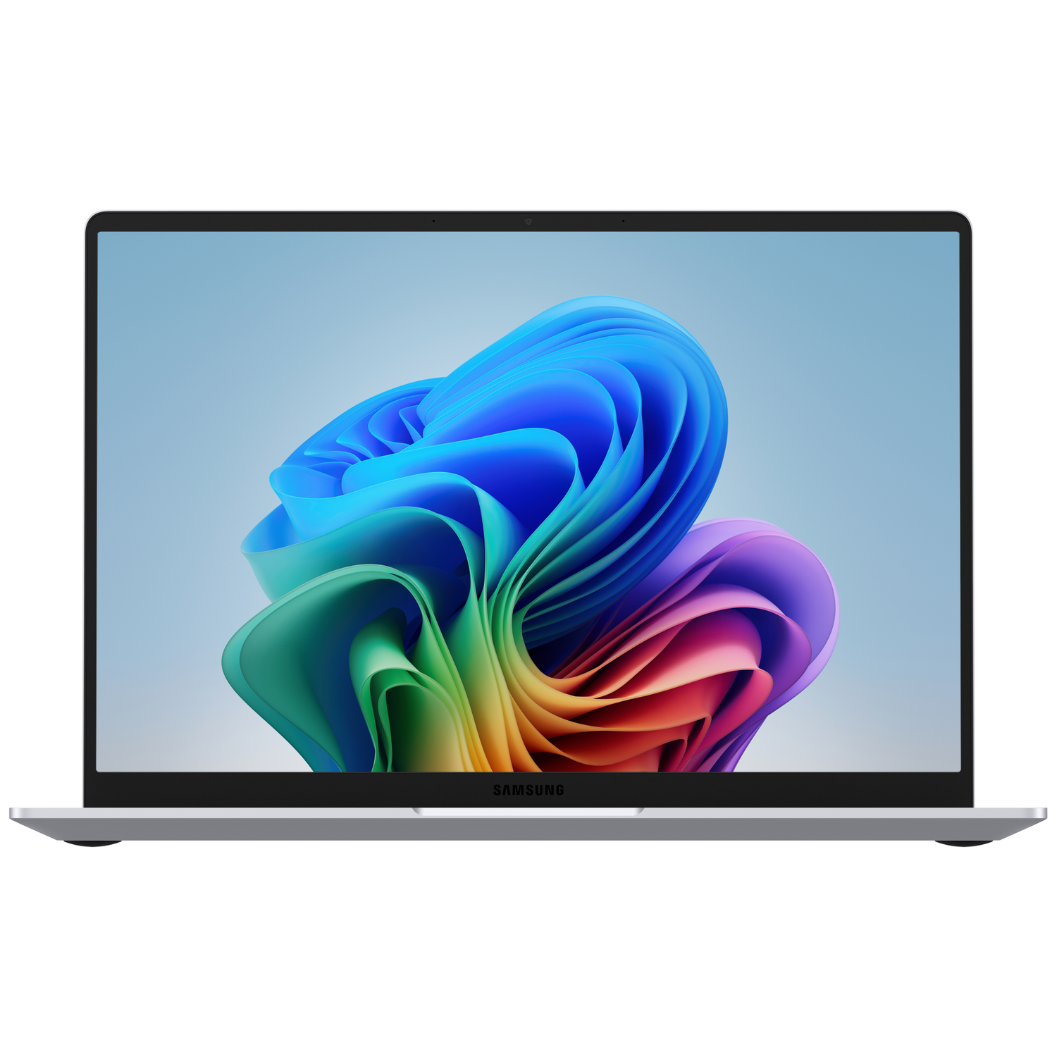 An open silver Samsung laptop with a colorful wallpaper on its screen.