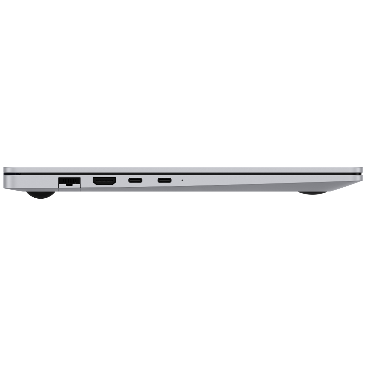 Side view of a silver laptop showing ports: Ethernet, HDMI, USB-C, and a headphone jack.