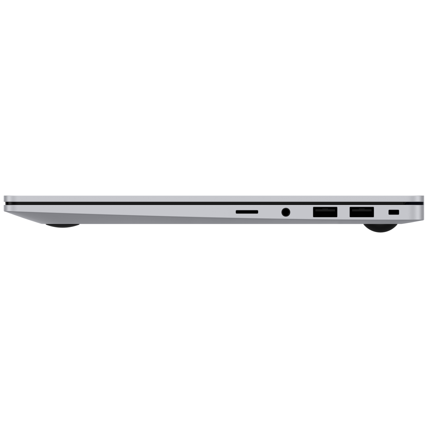 Side view of a slim, silver laptop showing ports and rubber feet.