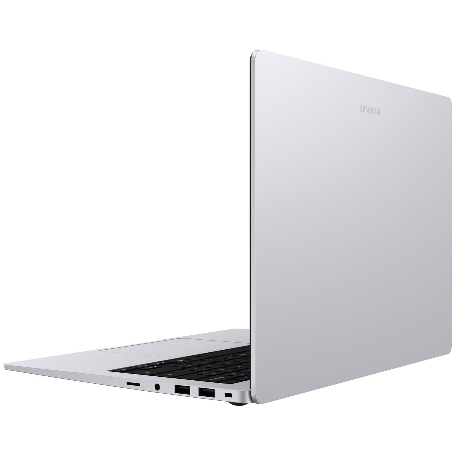 A sleek, silver Samsung laptop with its screen open, showing the keyboard and ports.
