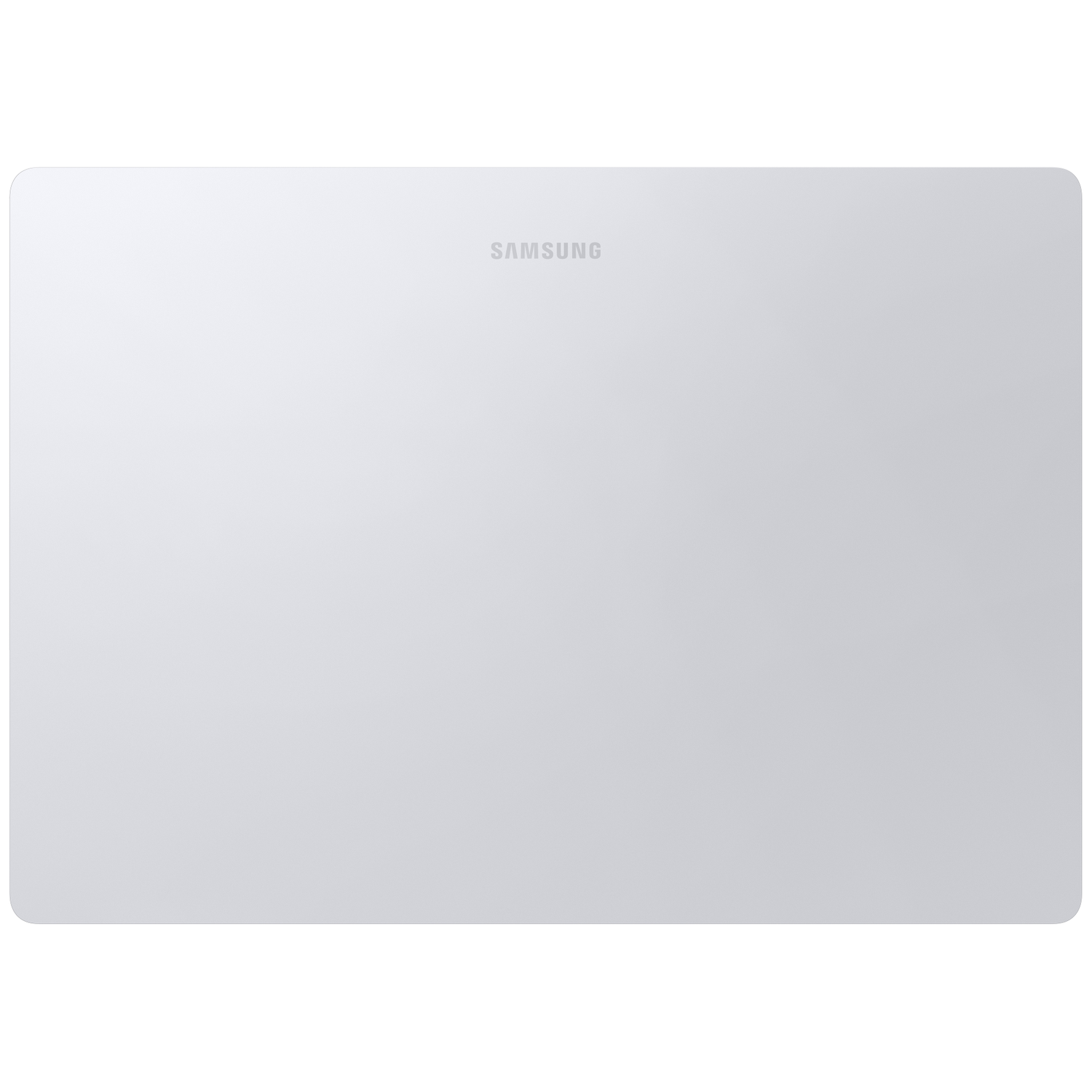 A silver Samsung tablet lies on a white background.