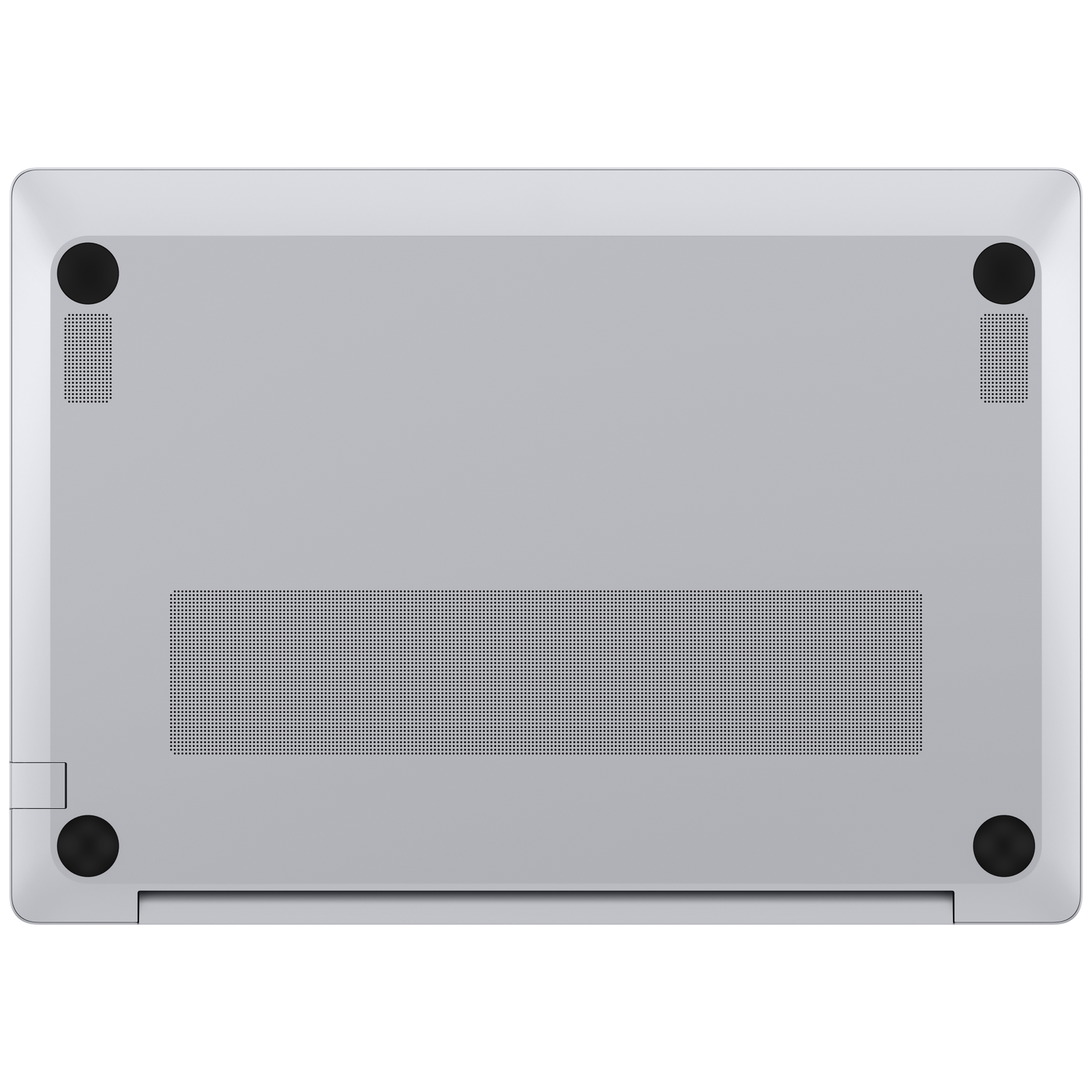 Underside of a silver laptop with four black feet and ventilation grilles.