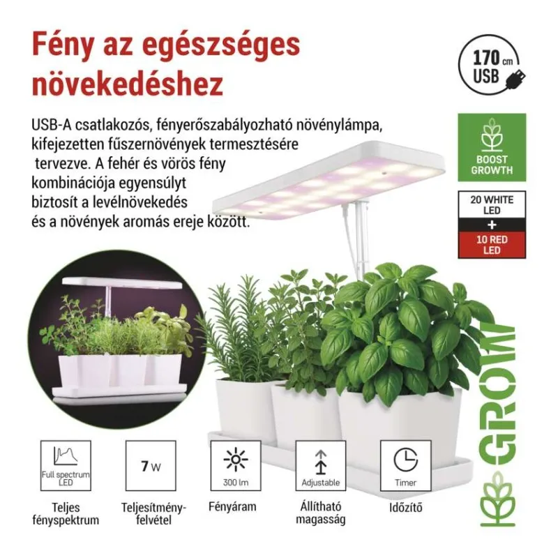 Növekedést segítő lámpa fehér és piros LED-ekkel, állítható.