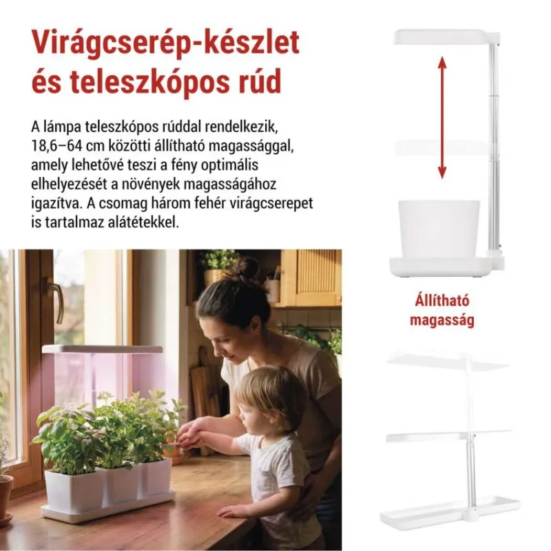 Nő és gyerek növényi lámpát néz állítható állvánnyal és cserepekkel.