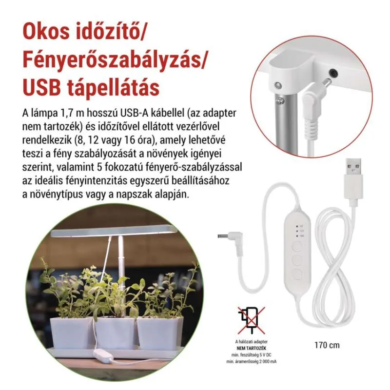 Intelligens növényi lámpa időzítővel, szabályzóval, USB kábellel, 3 növénnyel.