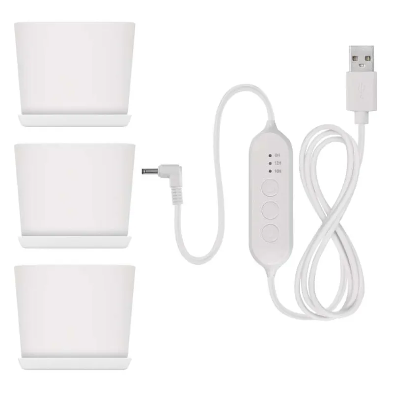 Három fehér virágcserép alátéttel és egy fehér USB-kábel vezérlővel.