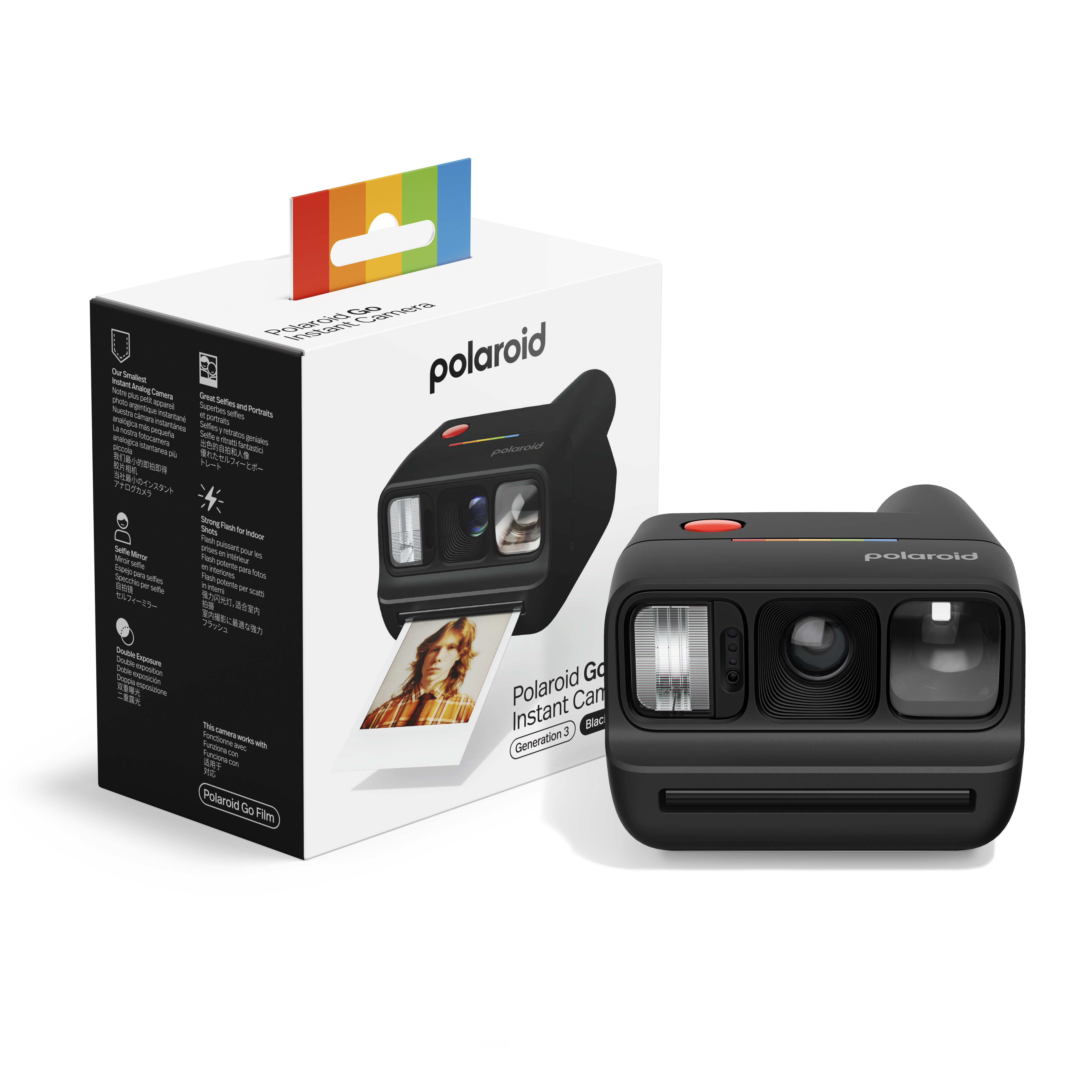Schwarze Polaroid Go Sofortbildkamera mit Verpackung und einem Bild.
