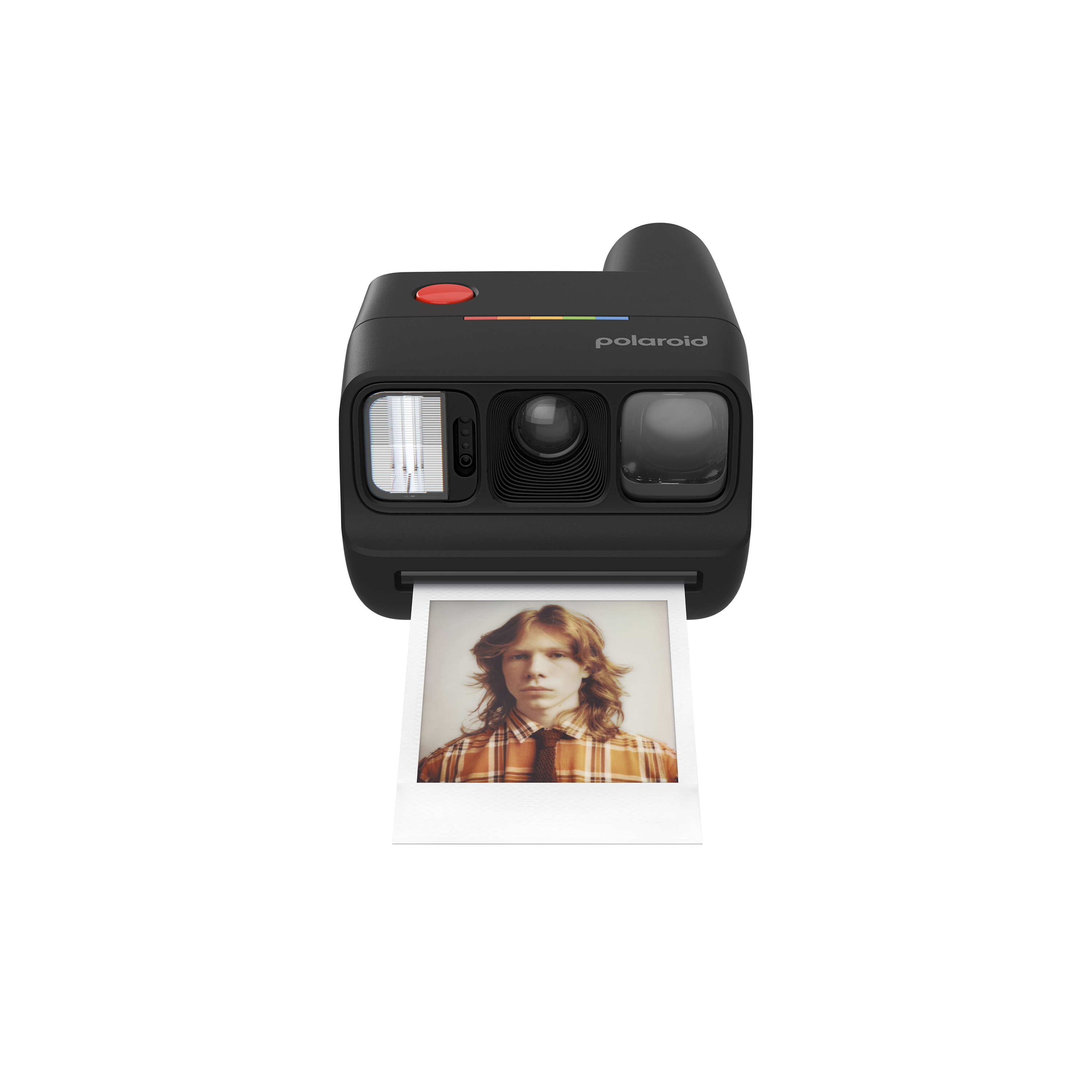 Schwarze Polaroid-Kamera mit rotem Auslöser und einem gedruckten Bild eines Jungen.