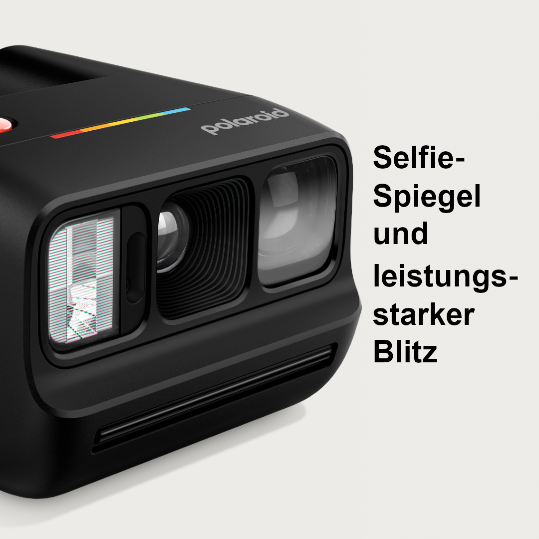 Schwarze Polaroid Kamera mit Selfie-Spiegel und Blitz.