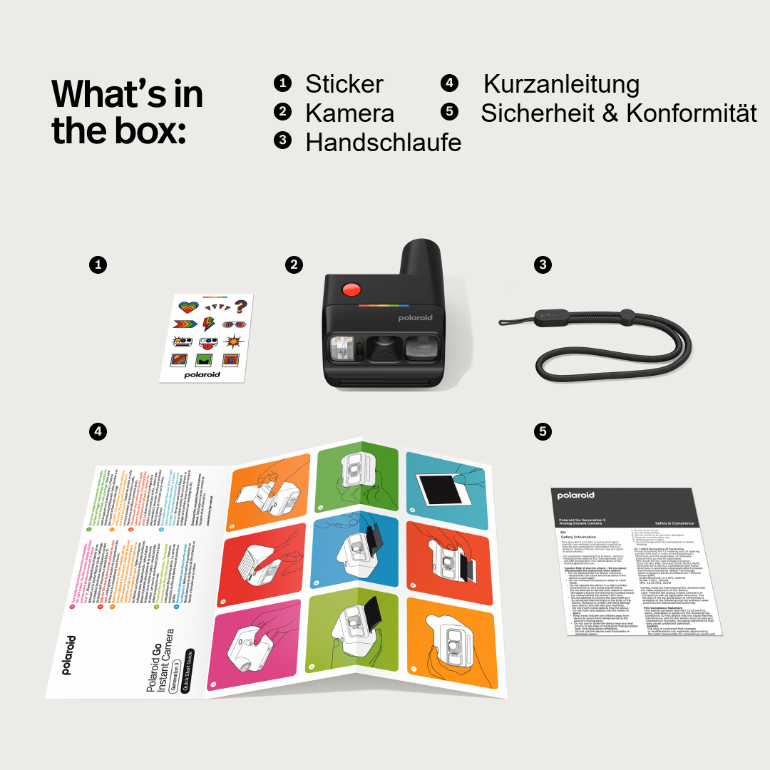 Boxinhalt: Sticker, Kamera, Handschlaufe, Anleitung, Sicherheit.