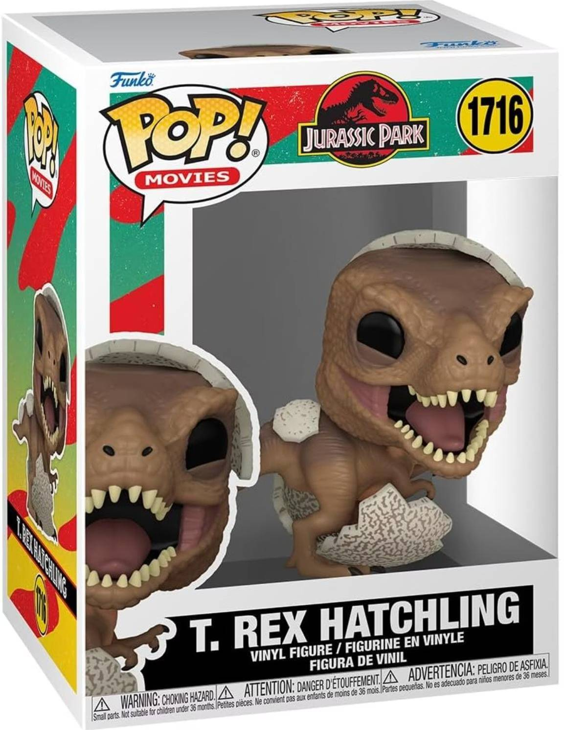 Dos figuras de T-Rex marrones saliendo de cáscaras de huevo. Funko Pop! Jurassic Park.