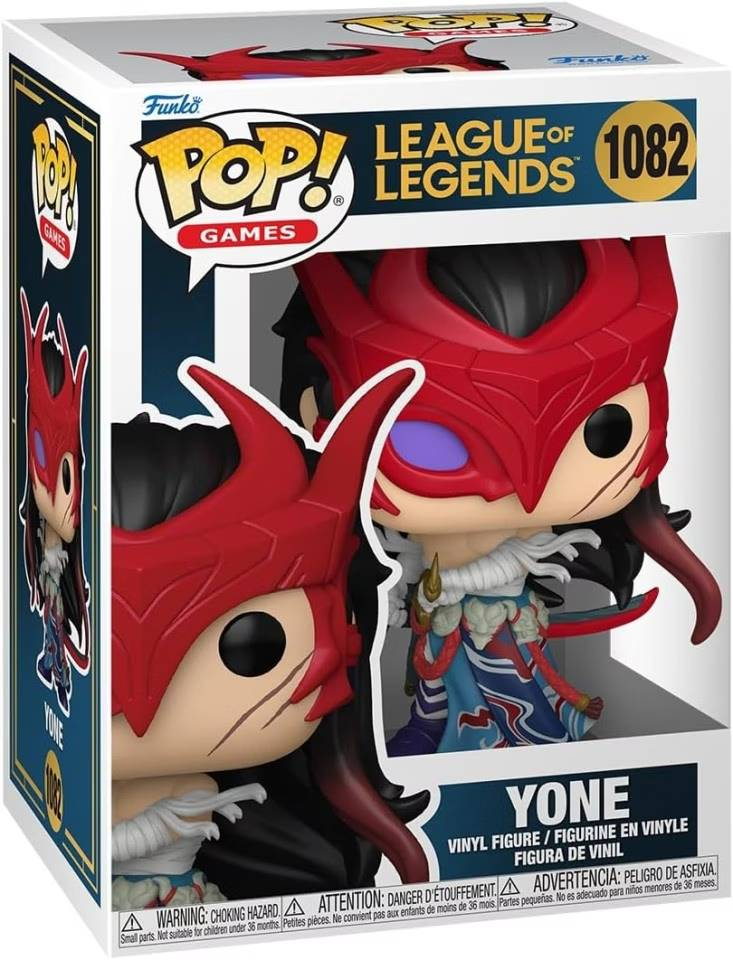 Figura Funko Pop! de Yone de League of Legends, con máscara roja y pelo oscuro.