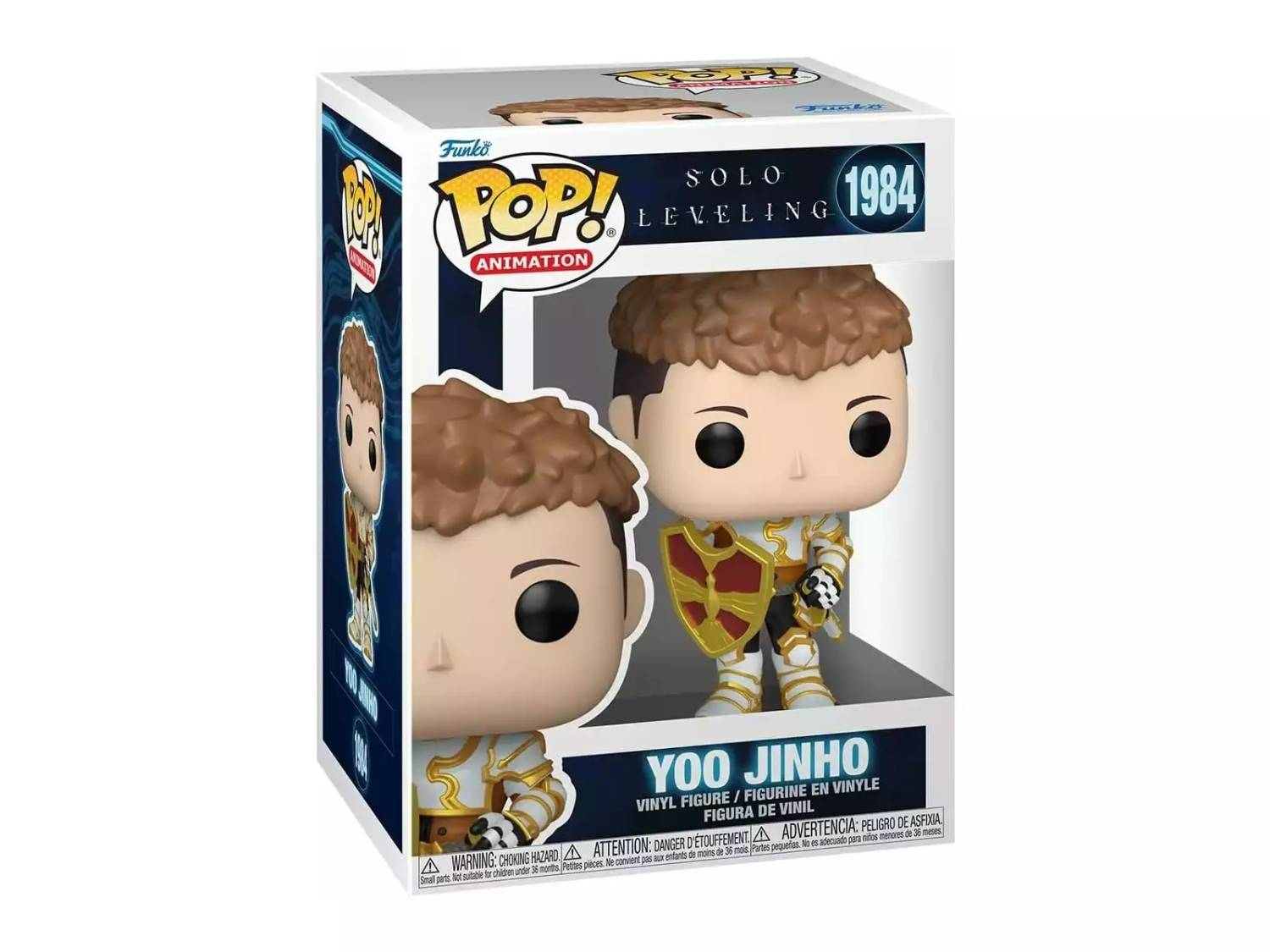 Figura Funko Pop! de vinilo de Yoo Jinho de Solo Leveling, con armadura y escudo.