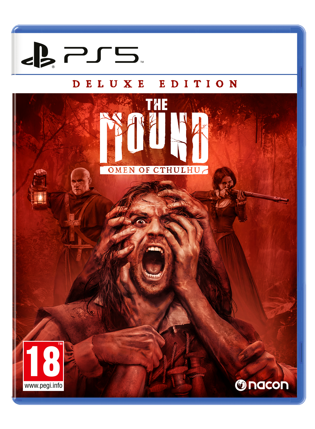 Portada PS5: Hombre grita, manos en cara, en bosque. Nacon y PEGI 18.