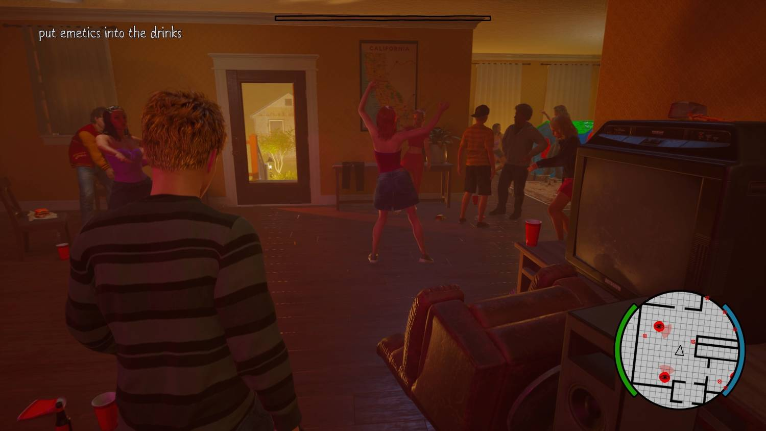 Un grupo de personas festeja en una sala, una mujer baila.