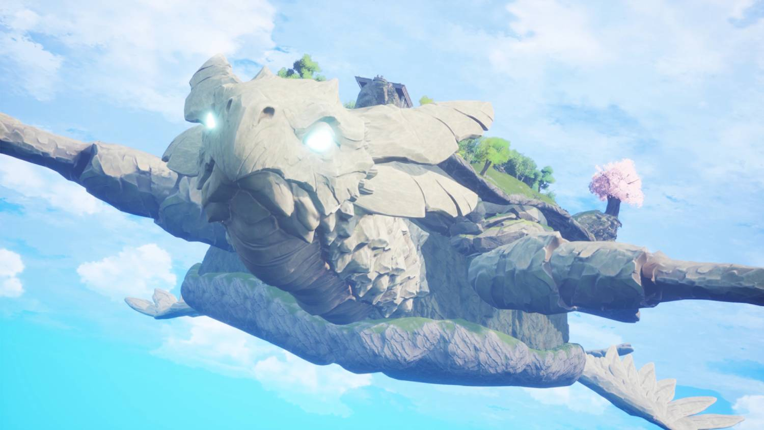 Una criatura gigante de piedra con ojos brillantes vuela por un cielo azul con nubes.