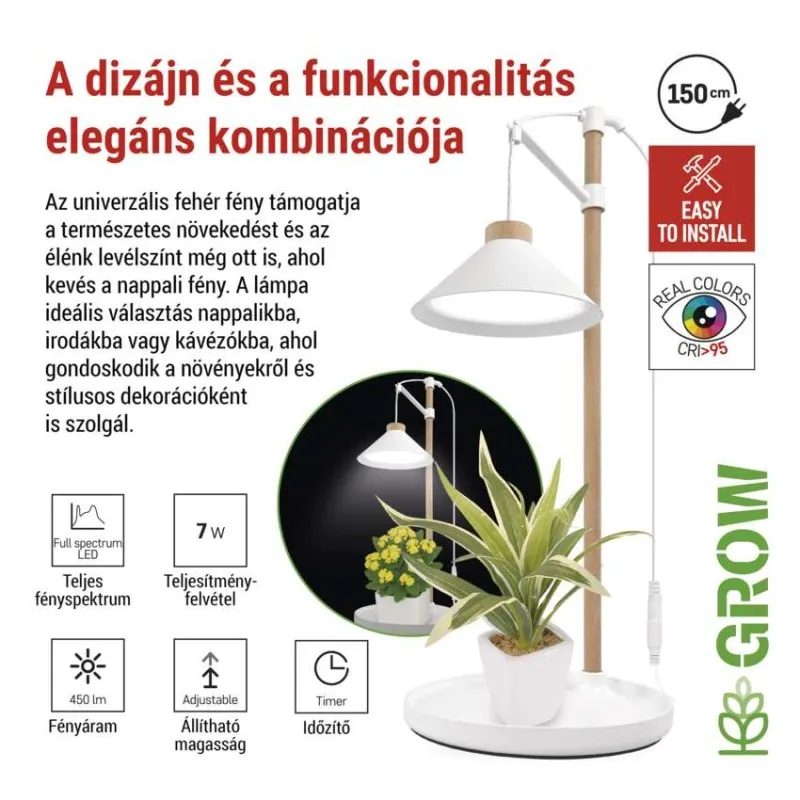 Fehér LED növényi lámpaállvány növénnyel, időzítővel és szerelési részletekkel.