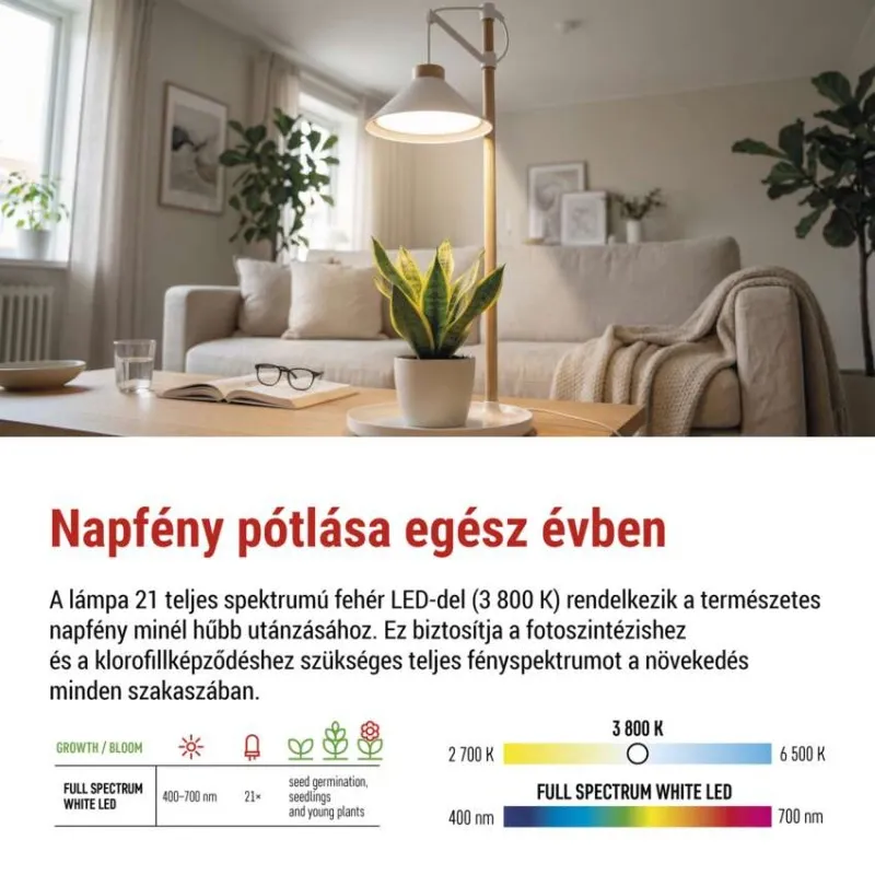 Egy asztal lámpával, amely egy növényt világít meg, mellette kanapé. Teljes spektrumú fehér LED.