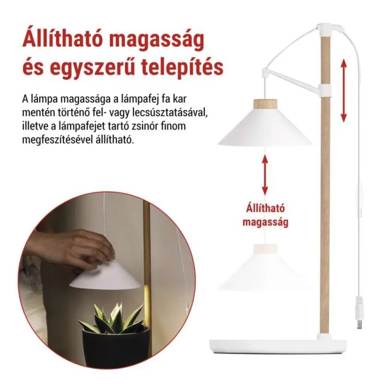 Állítható magasságú lámpa fa állvánnyal. Magasságállítást mutat.