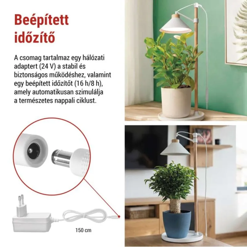 Növényi lámpa időzítővel, hálózati adapterrel és kábellel.