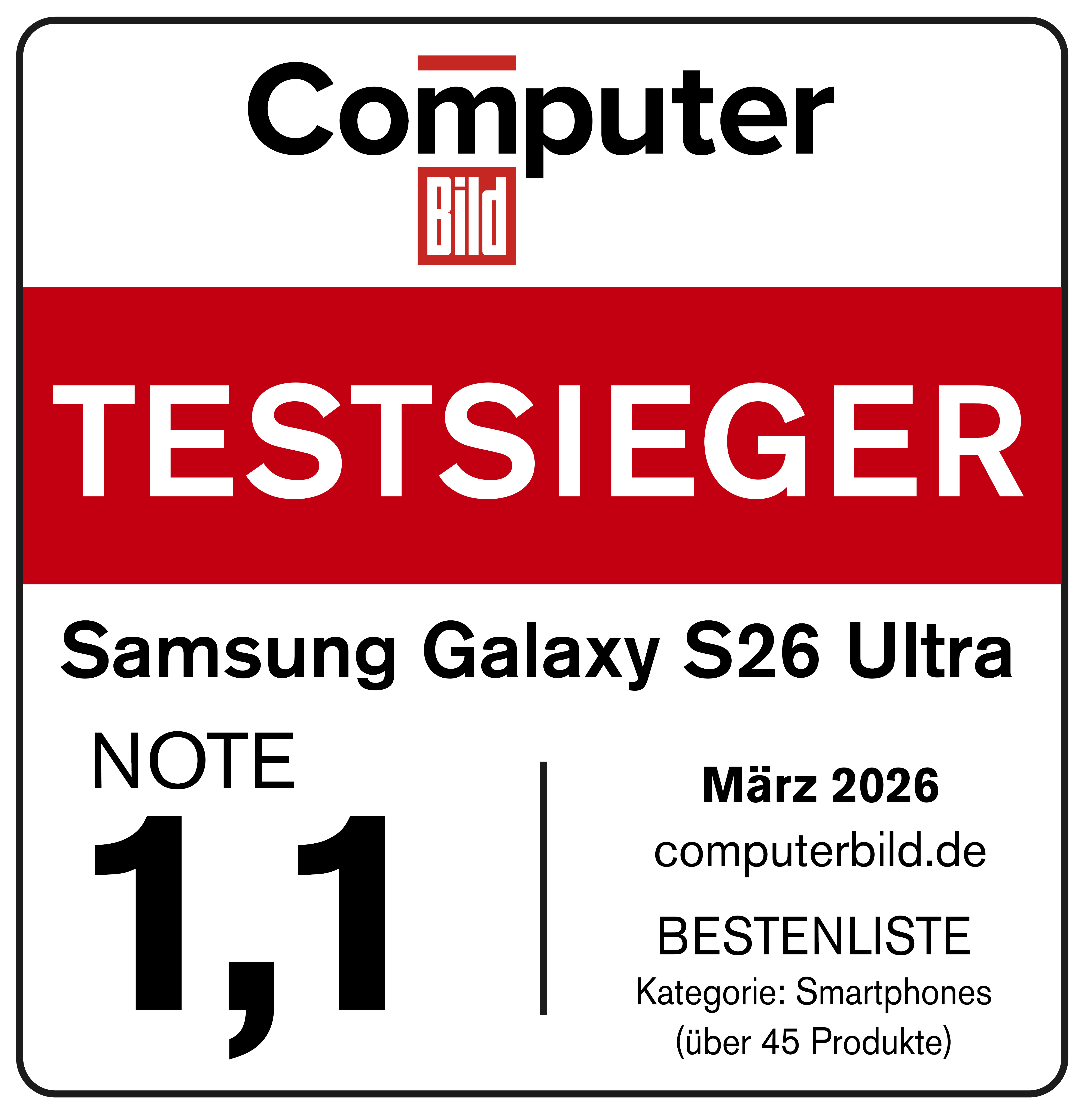 Computer Bild: Samsung Galaxy S26 Ultra Testsieger mit Note 1,1 im März 2026.