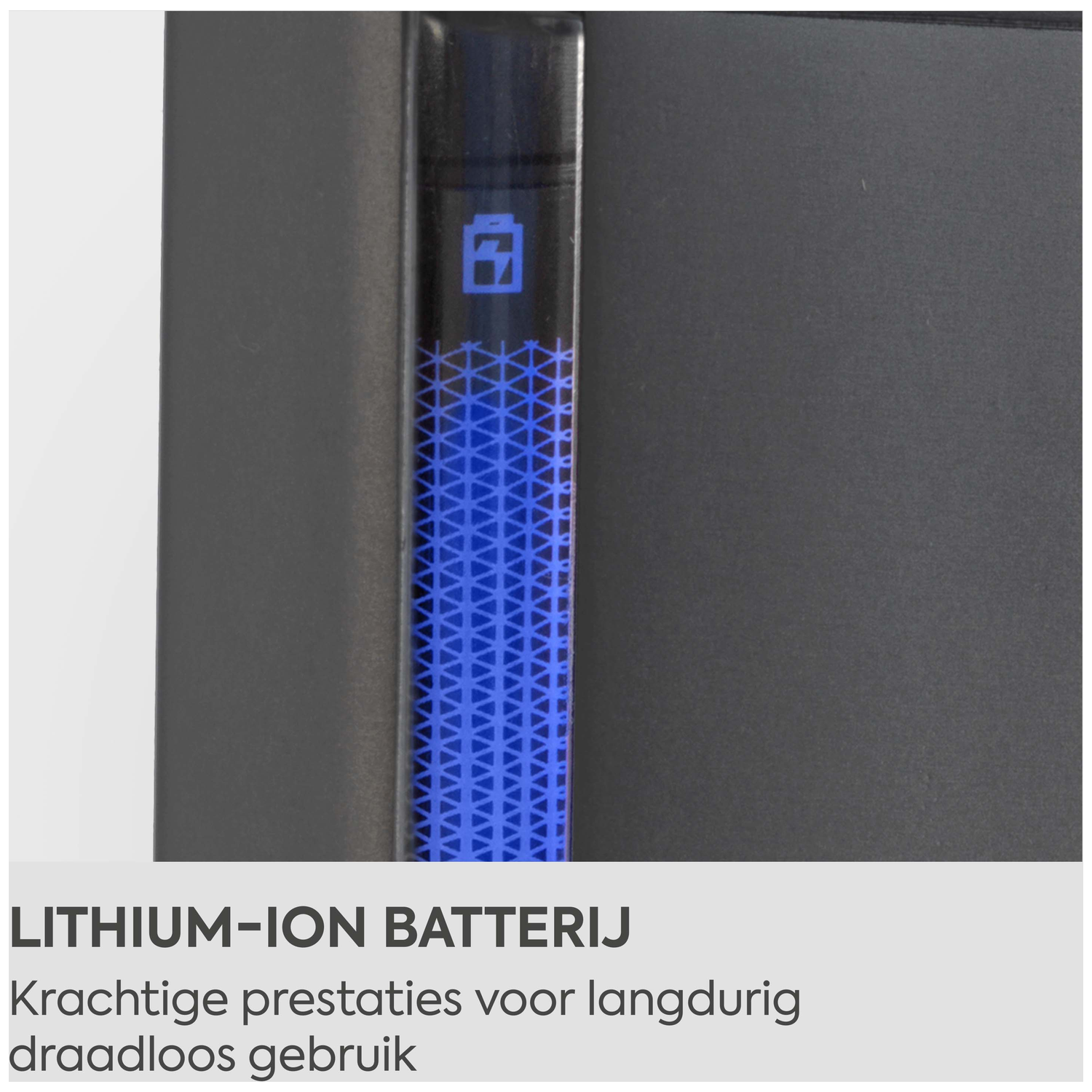 Grijze achtergrond met blauw batterij-icoon en patroon.