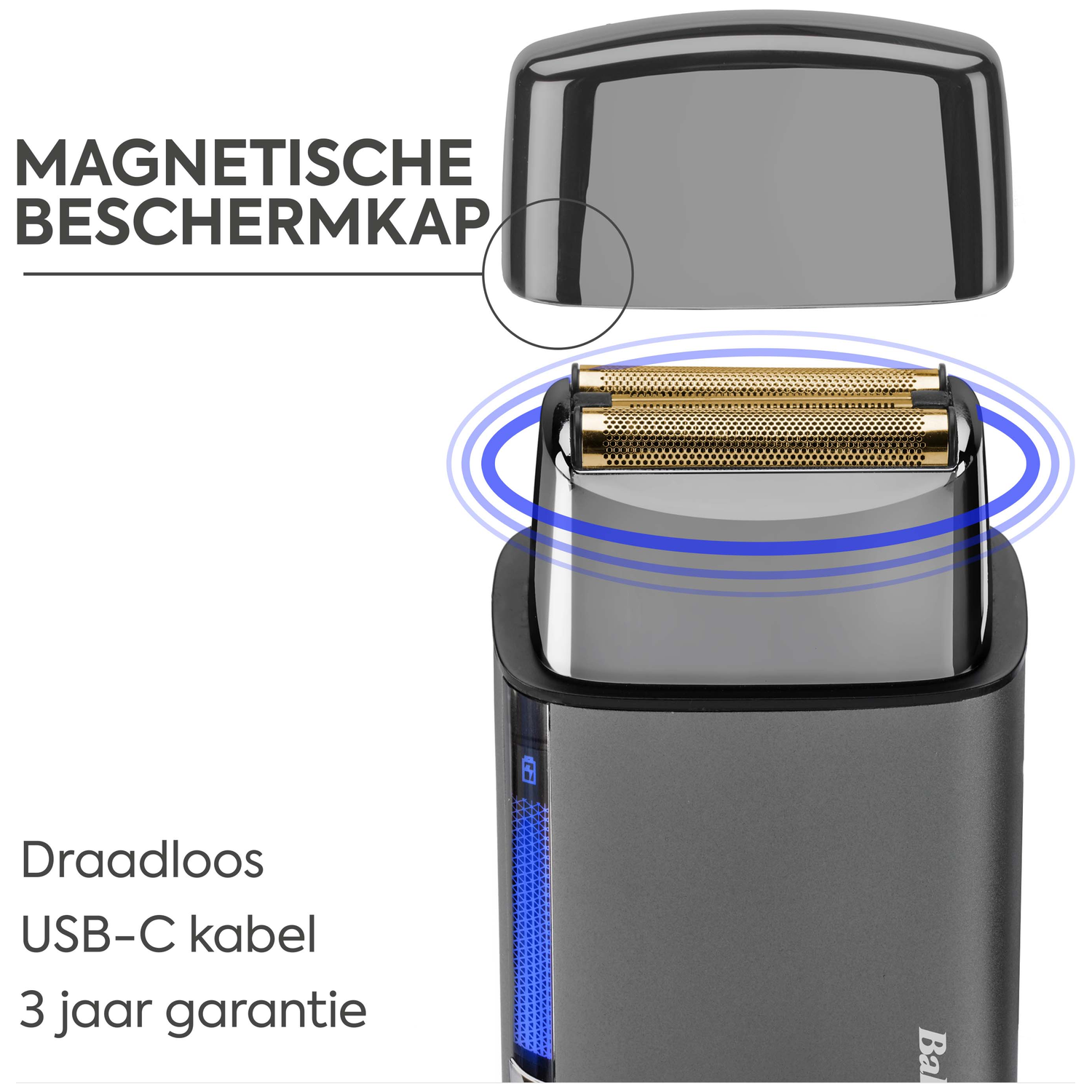 Een elektrische scheerapparaat met afneembare magnetische dop en gouden mesjes.