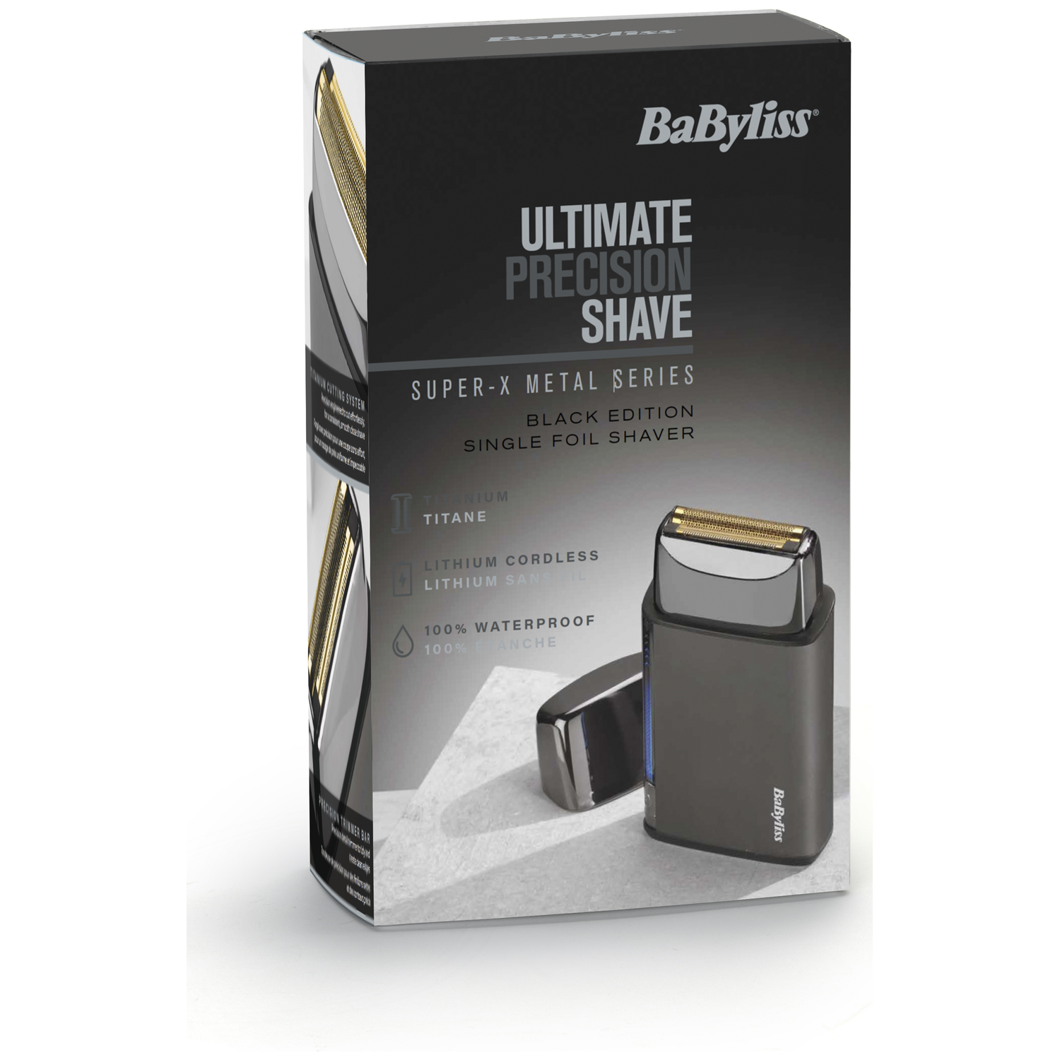 BaByliss Ultimate Precision Shave Black Edition scheerapparaat op zwarte verpakking.