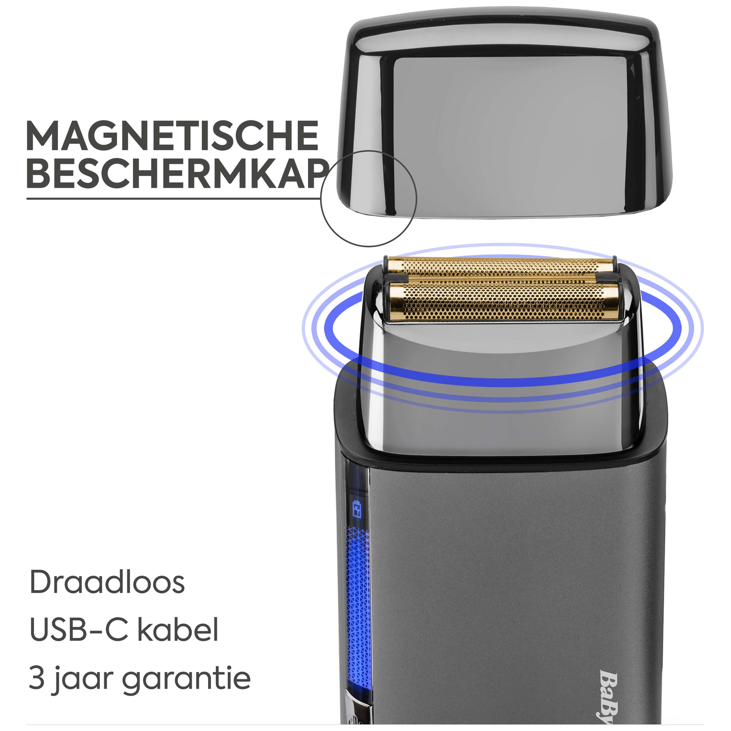 A gray shaver with gold foil, magnetic cap shown detached. Text lists features.