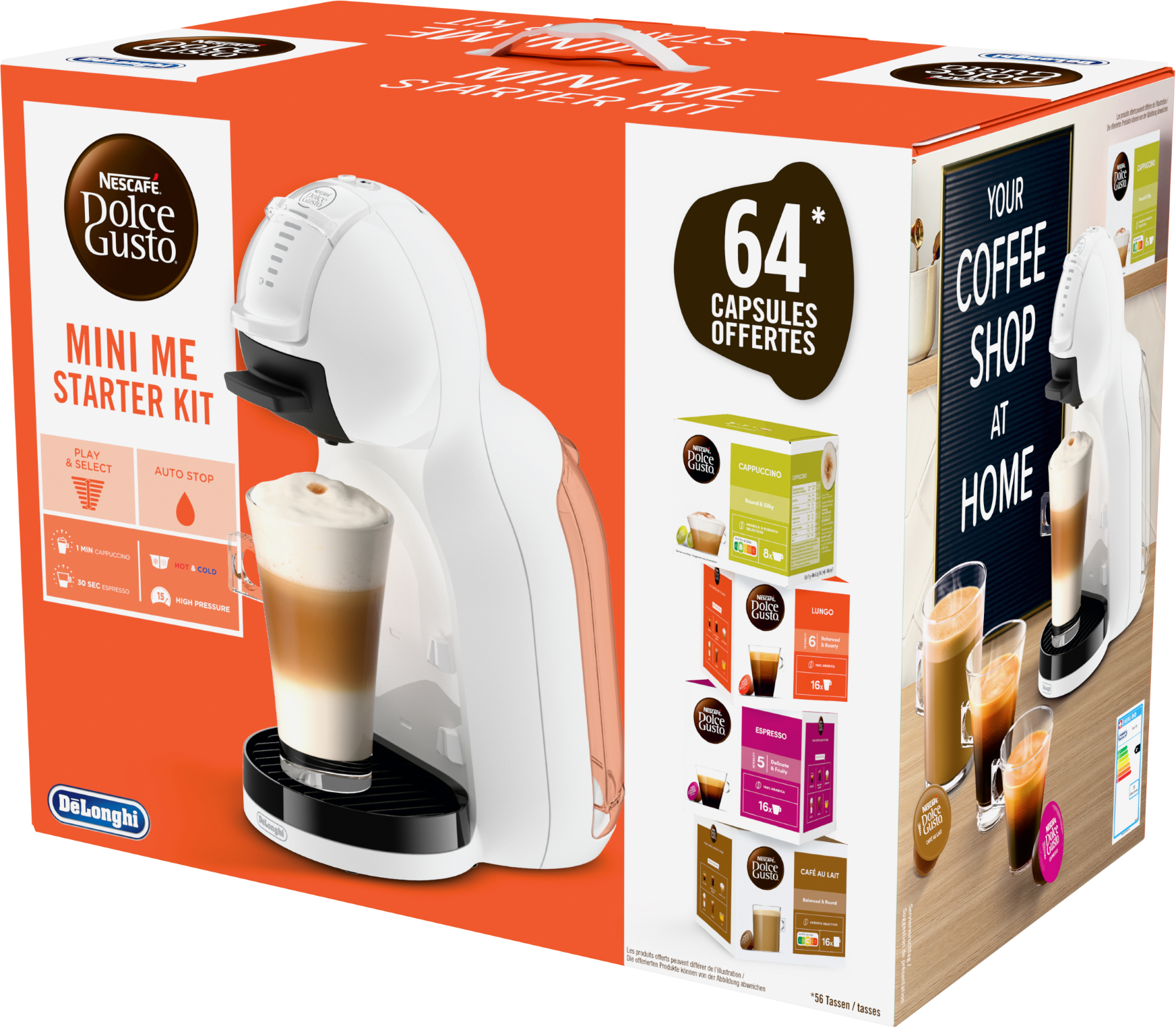 Kit di partenza Nescafé Dolce Gusto Mini Me con macchina da caffè, bicchiere di schiuma di latte, capsule.