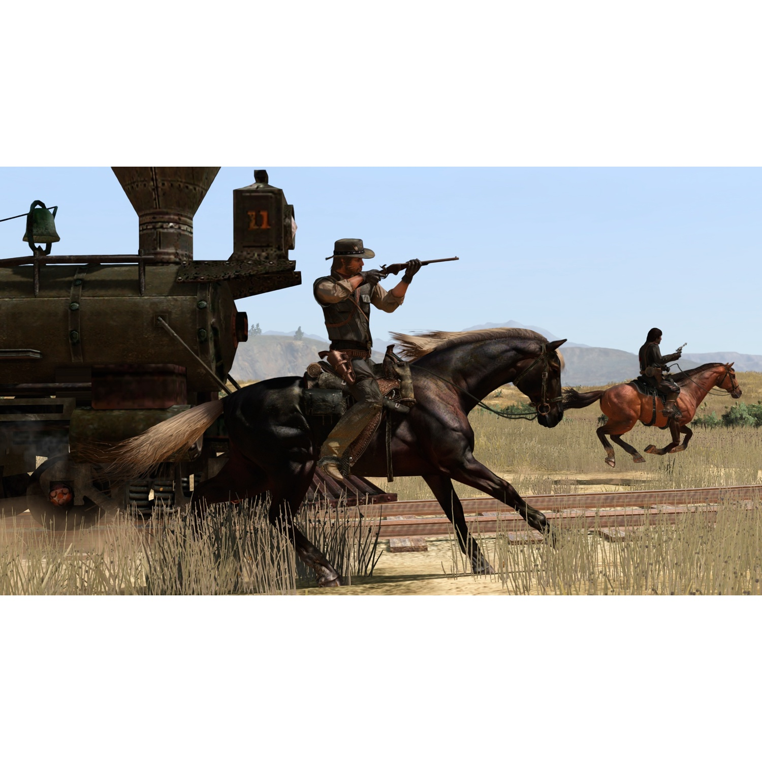 Un homme à cheval tire avec un fusil à côté d'un train en marche.