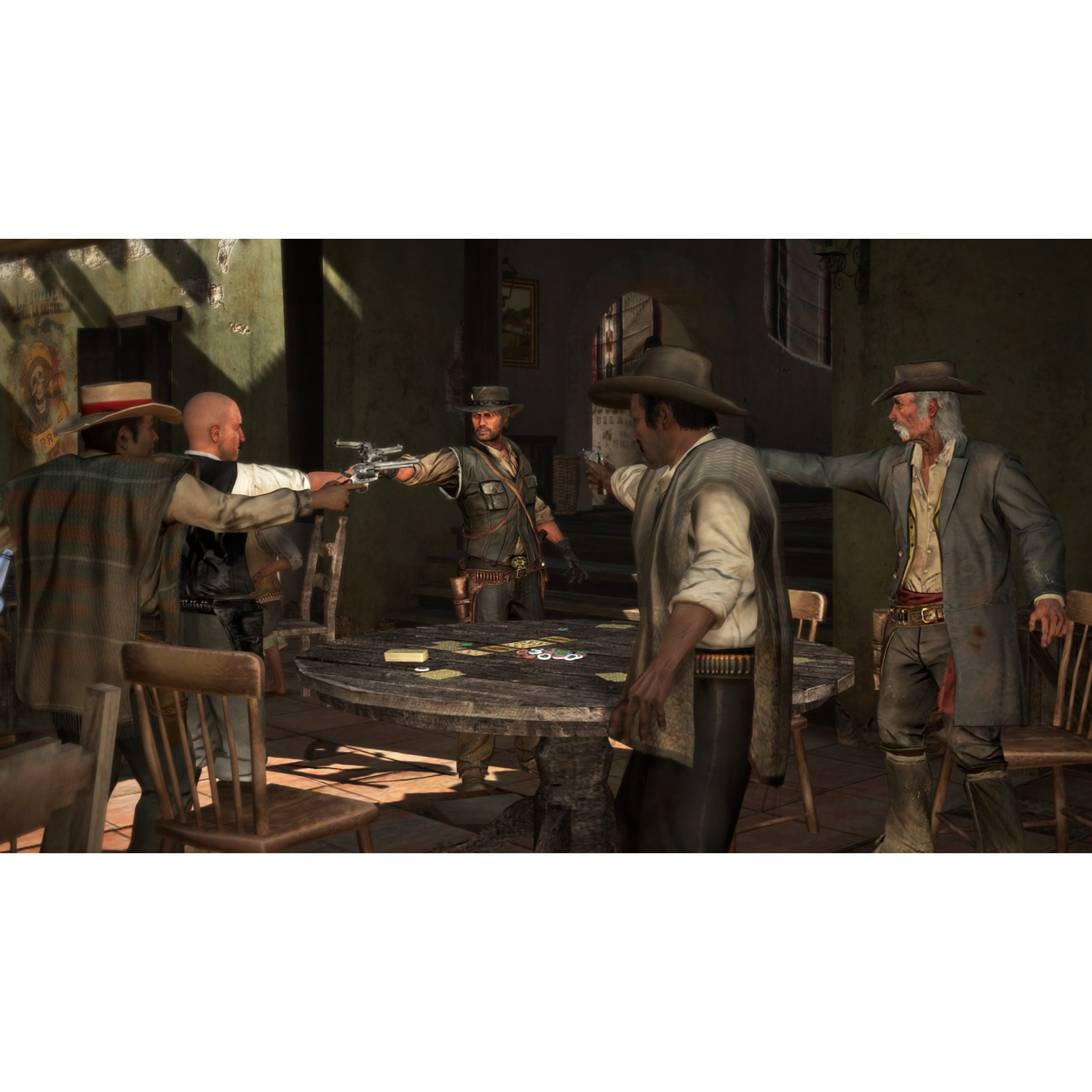 Cinq hommes en tenue de cow-boy autour d'une table. Certains sortent des armes.