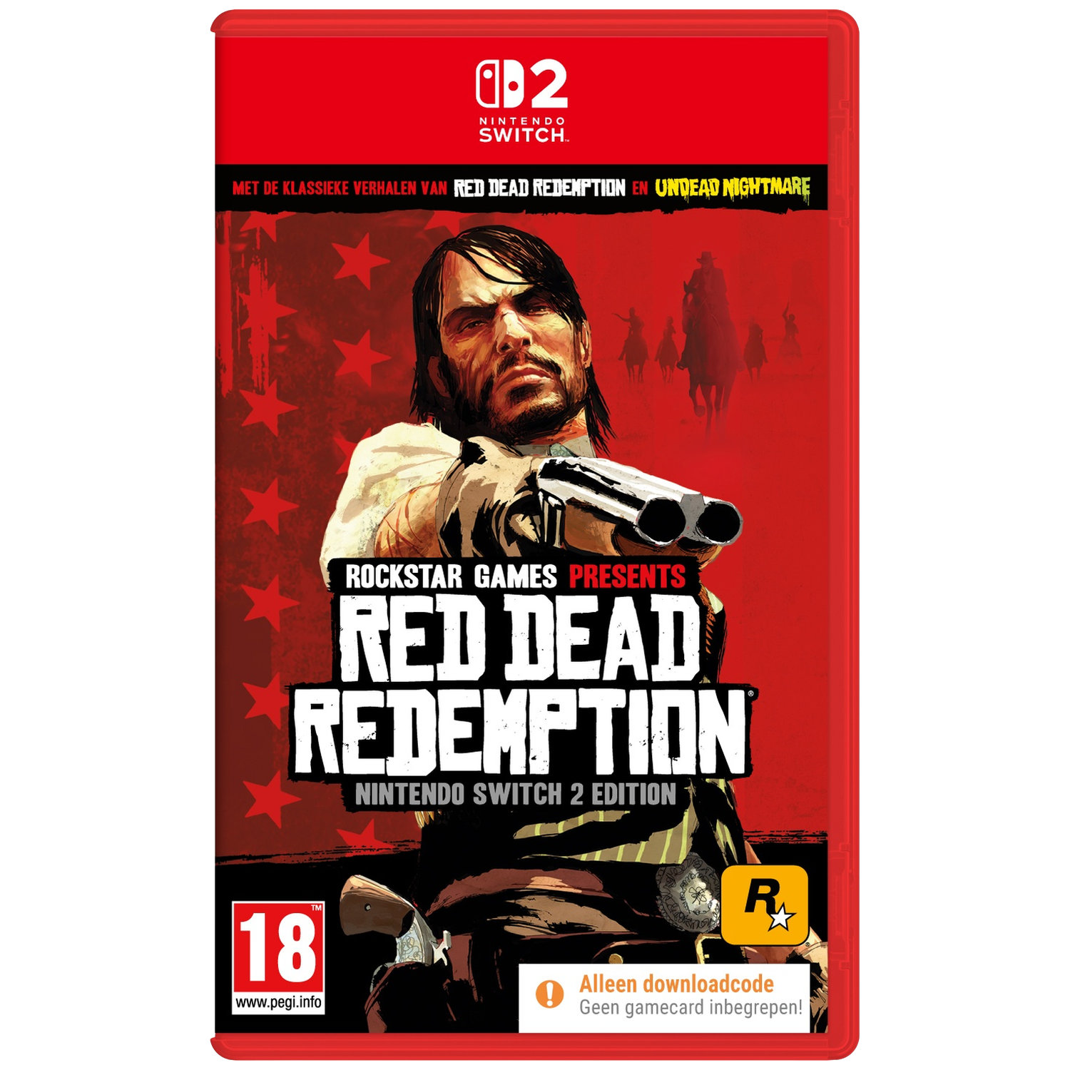 Red Dead Redemption pour Nintendo Switch. Homme avec pistolet sur fond d'étoiles et de cavaliers.