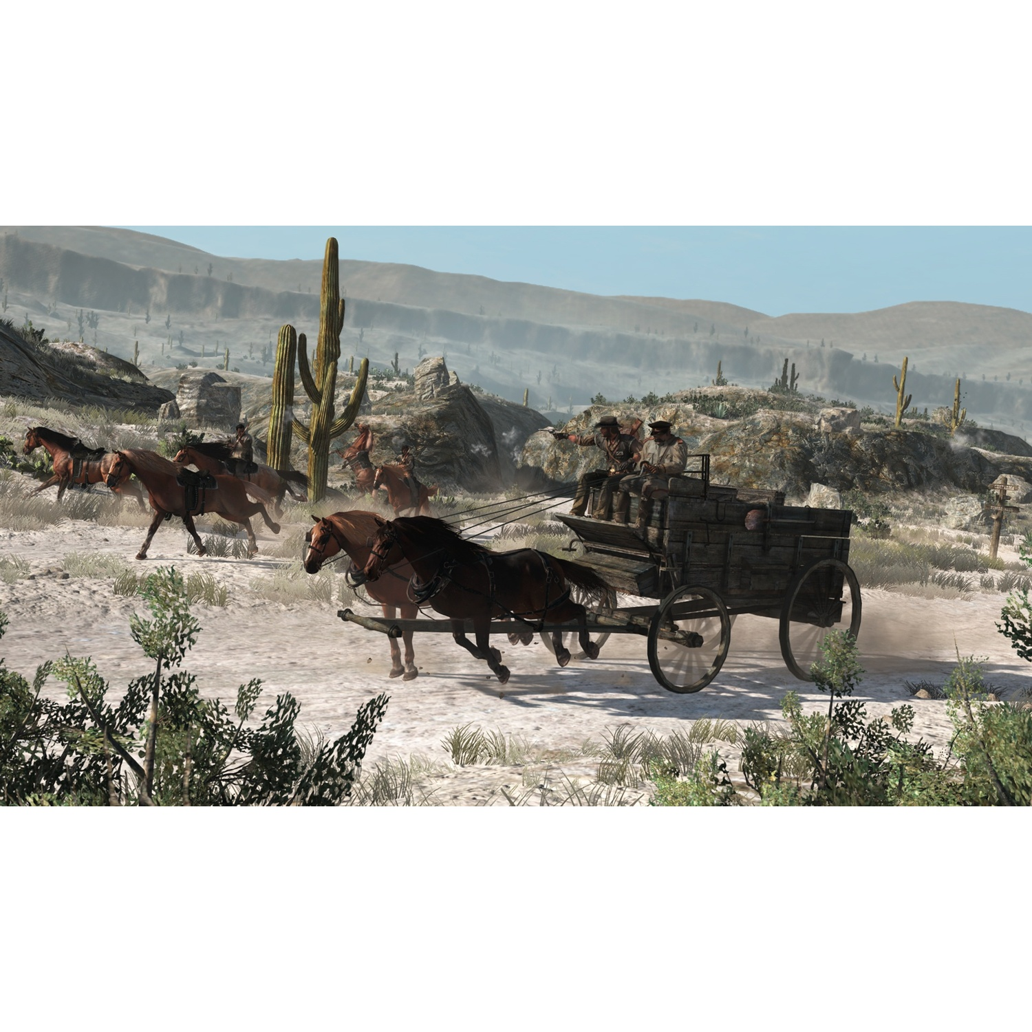 Une charrette tirée par des chevaux traverse un paysage désertique poussiéreux avec des cactus.