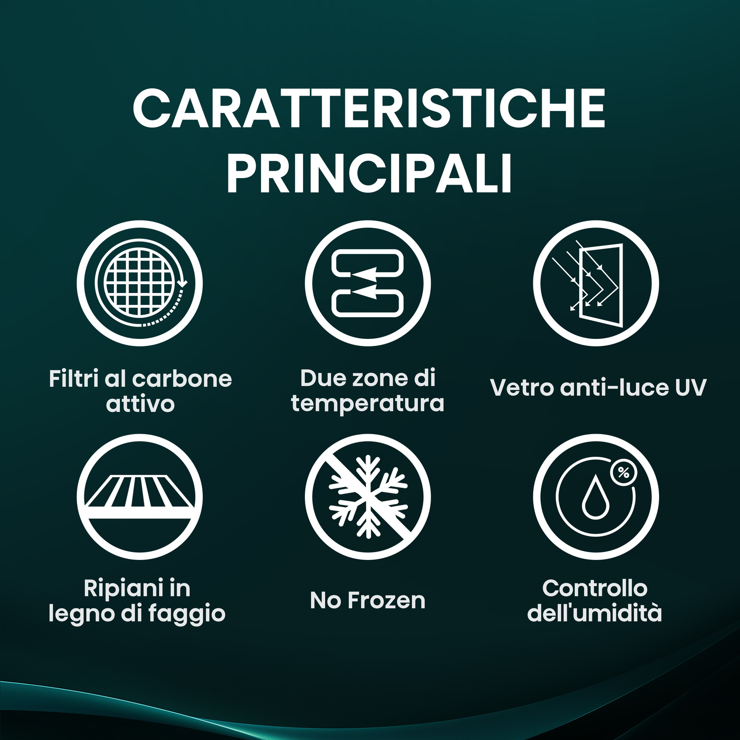 Infografica 6 icone: Filtri carbone, Zone doppia temp, Vetro UV, Ripiani legno, No Frozen, Controllo umidità.