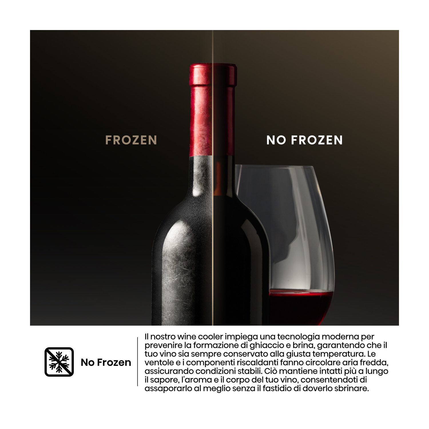 Una bottiglia di vino e un bicchiere di vino rosso, divisi in 'congelato' e 'non congelato'.