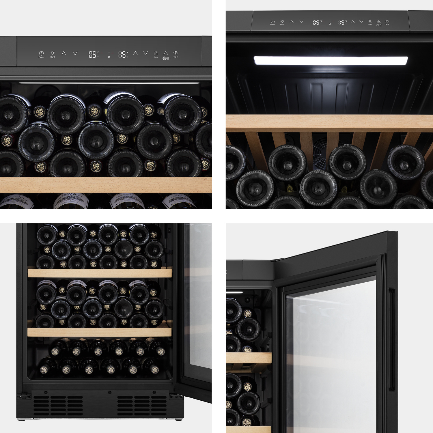 Cantinetta per vino piena di bottiglie scure su ripiani in legno, cornice nera.