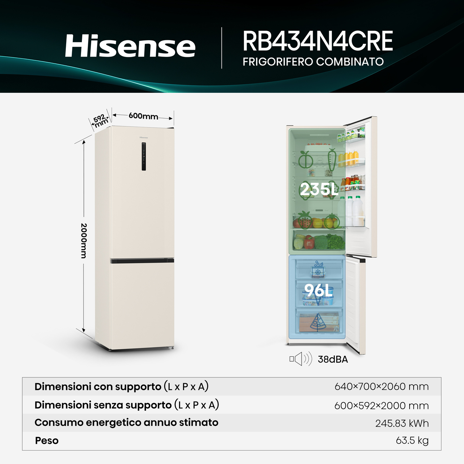 Frigorifero Hisense RB434N4CRE, color crema, con dimensioni e capacità.
