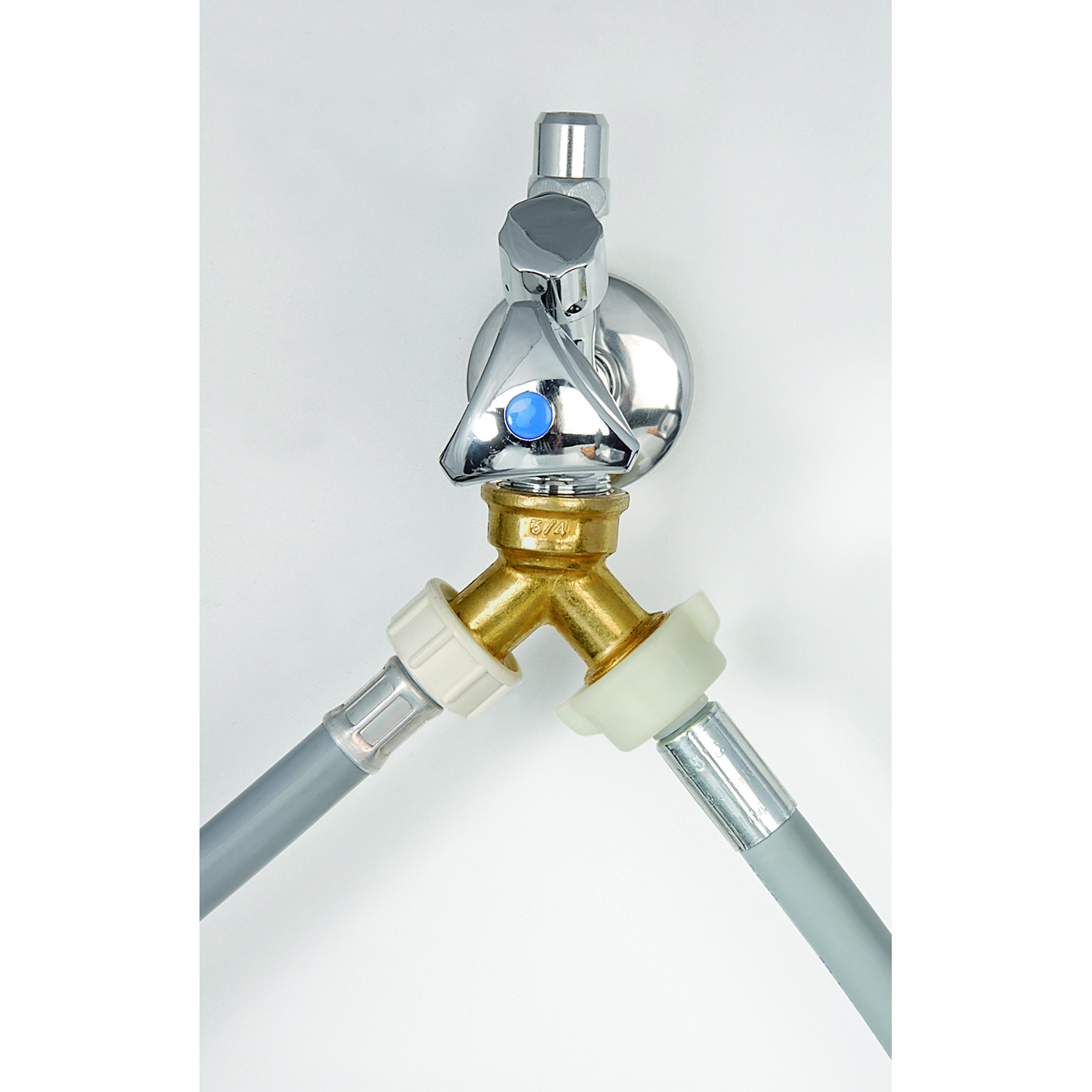A chrome faucet splitter with two gray hoses and white connectors.