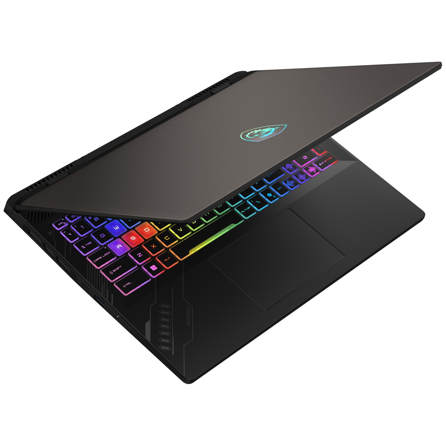 An open black laptop with a backlit keyboard and a dragon logo on the lid.