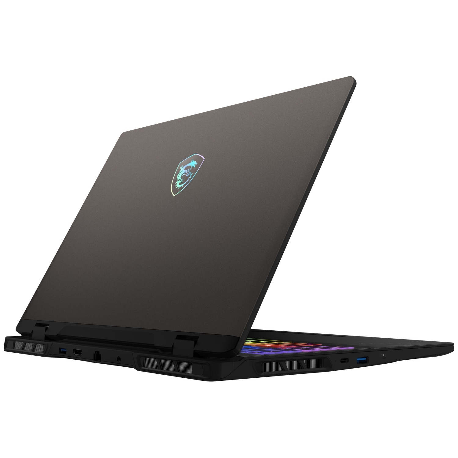 A closed black laptop with a glowing MSI logo on its lid.