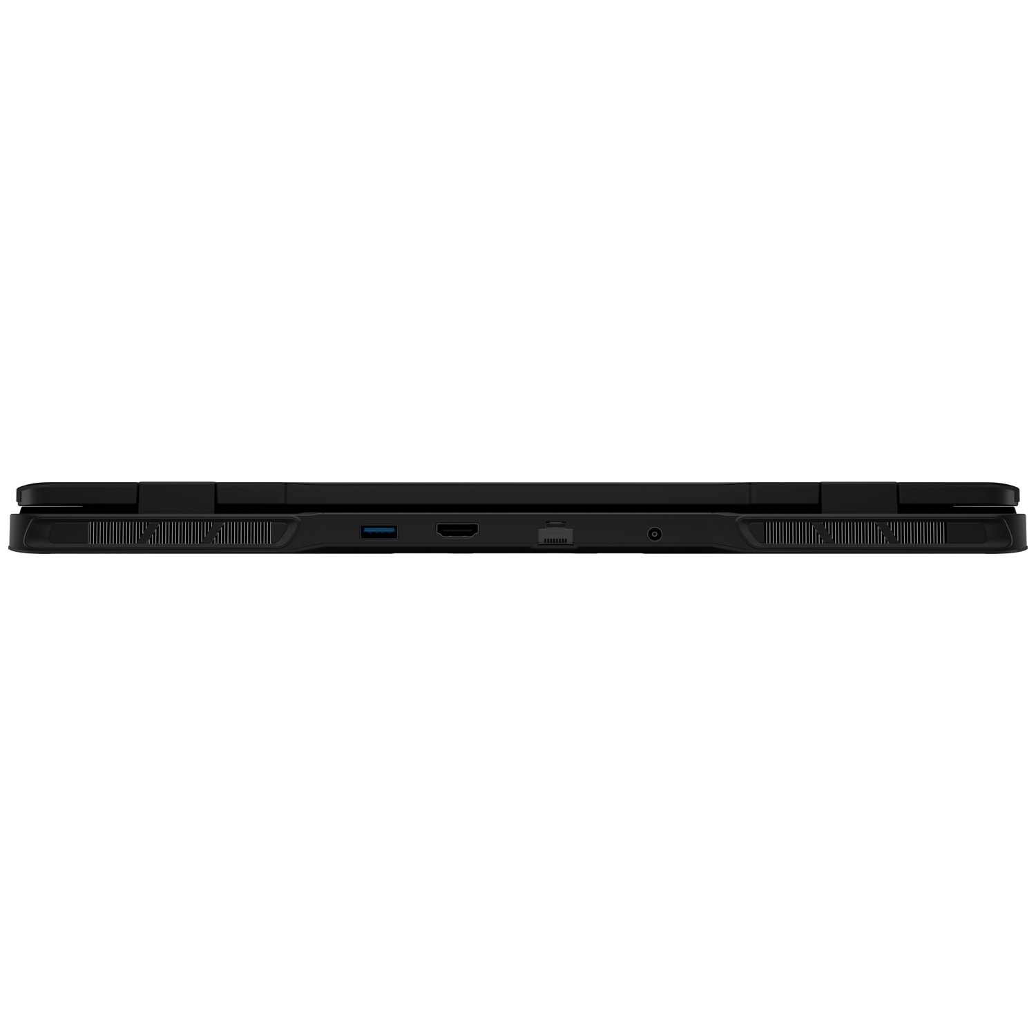 Black laptop side view showing USB, HDMI, and power ports.