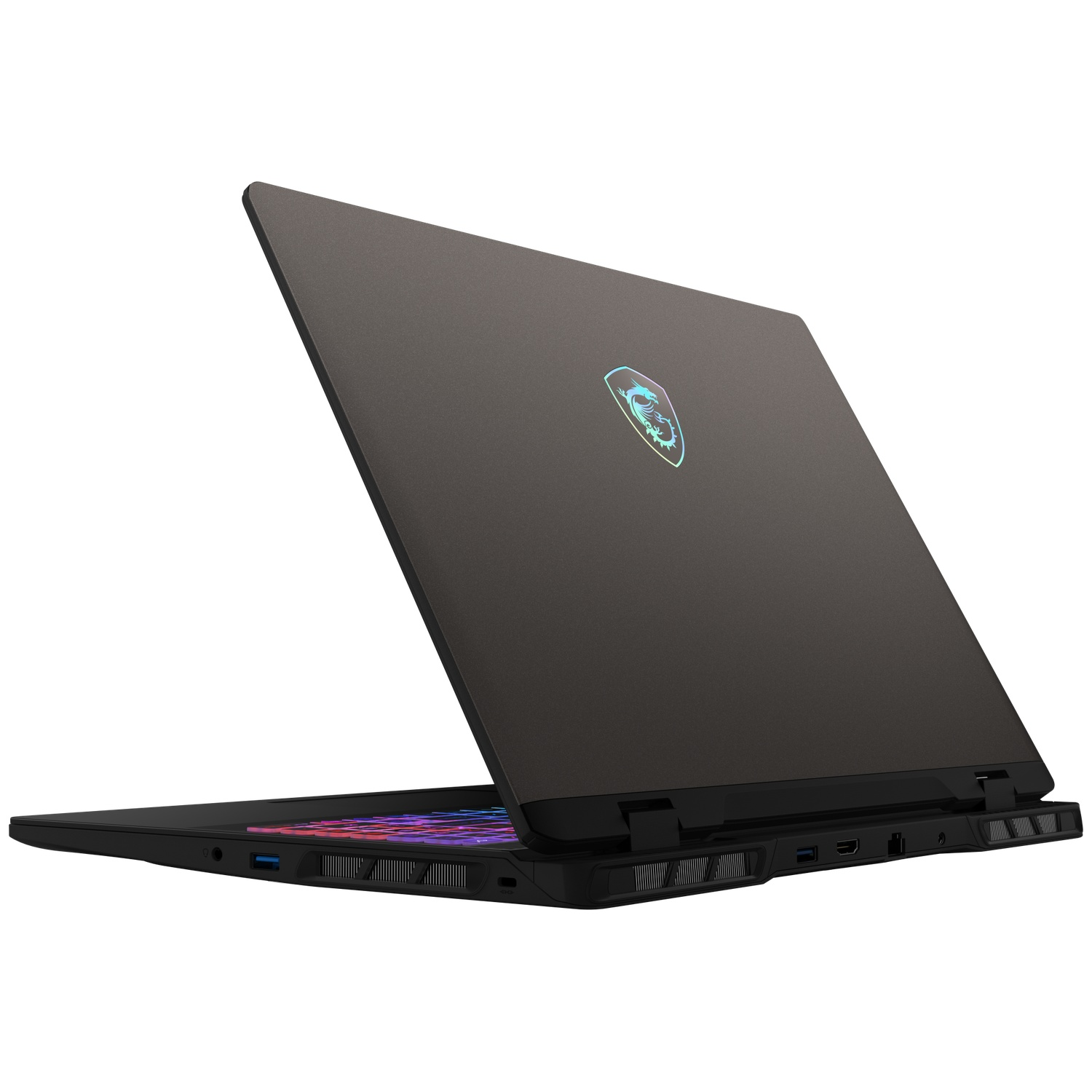 A dark gray MSI gaming laptop, open, showing its colorful keyboard and MSI logo on lid.