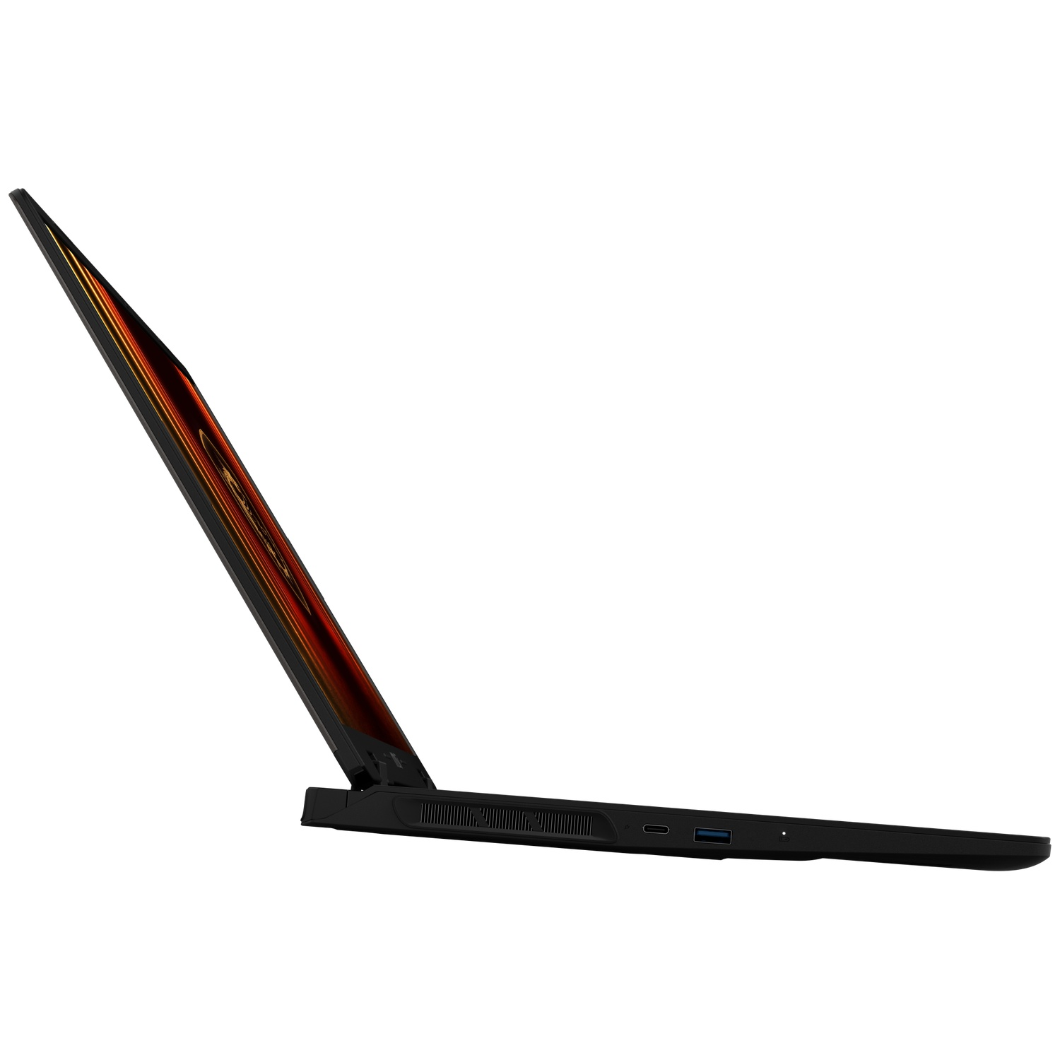 A black laptop is open, displaying an orange and yellow pattern on its screen.