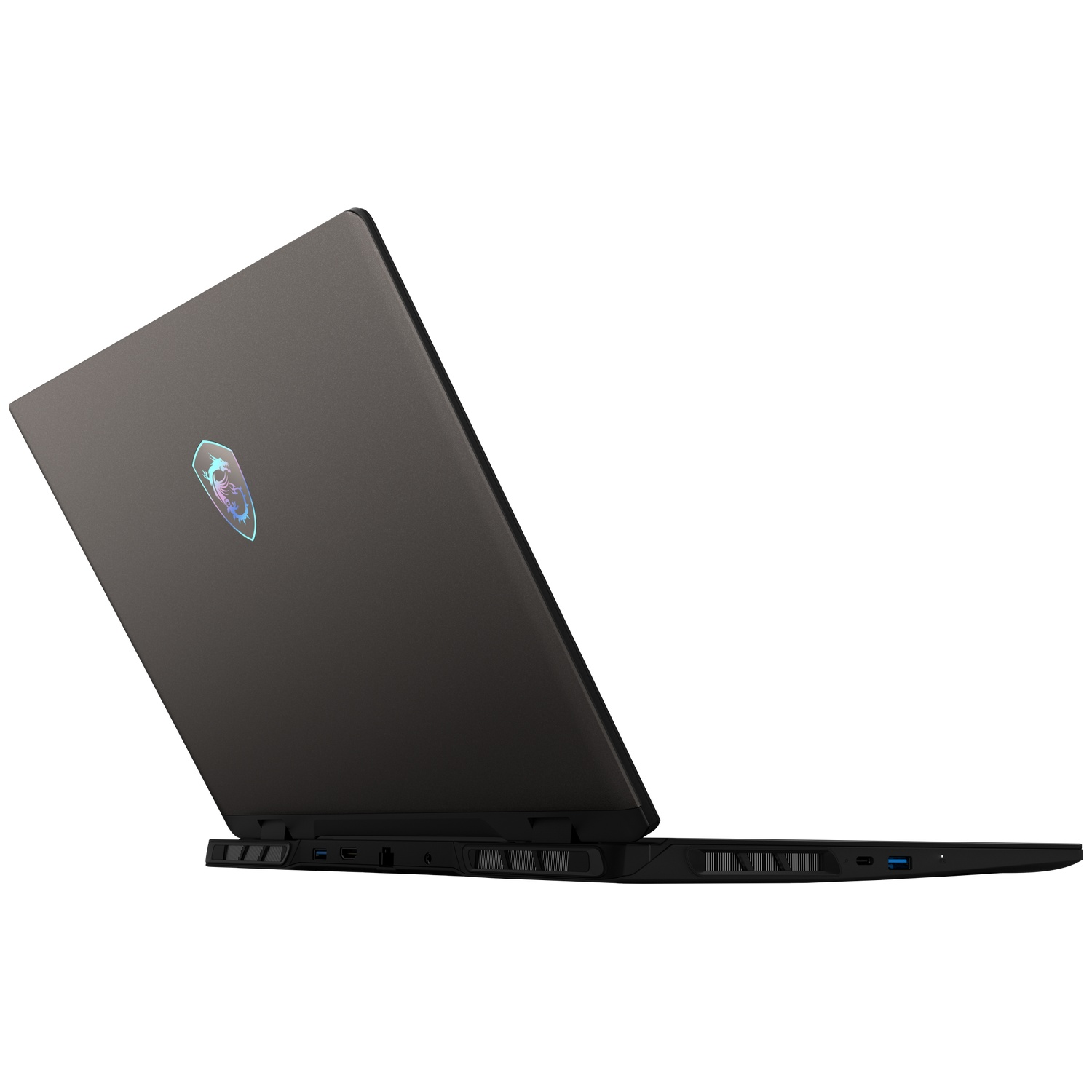 A closed black laptop with a glowing MSI logo on the lid, viewed from the side.