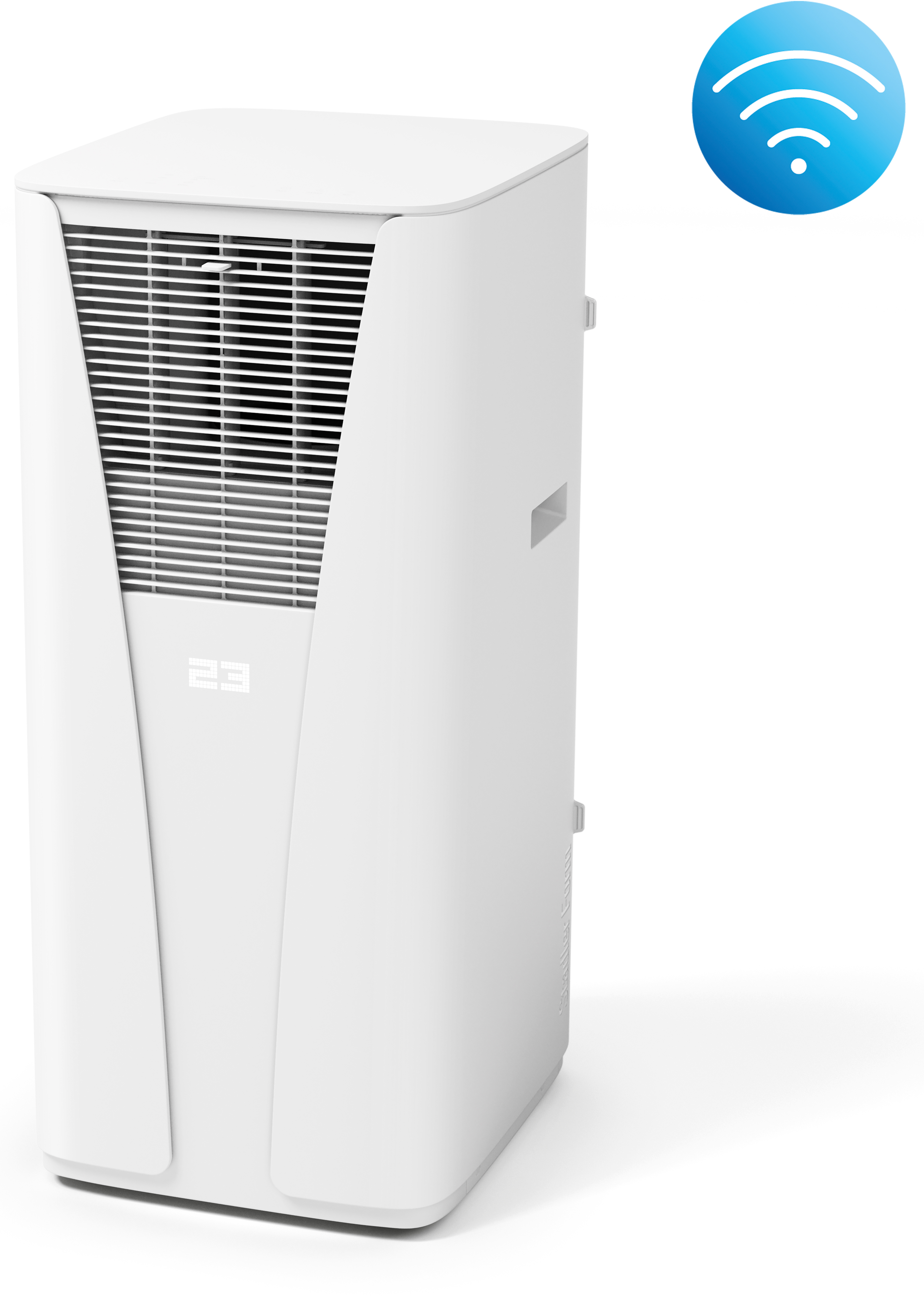 Unità di condizionatore portatile bianco con icona Wi-Fi.