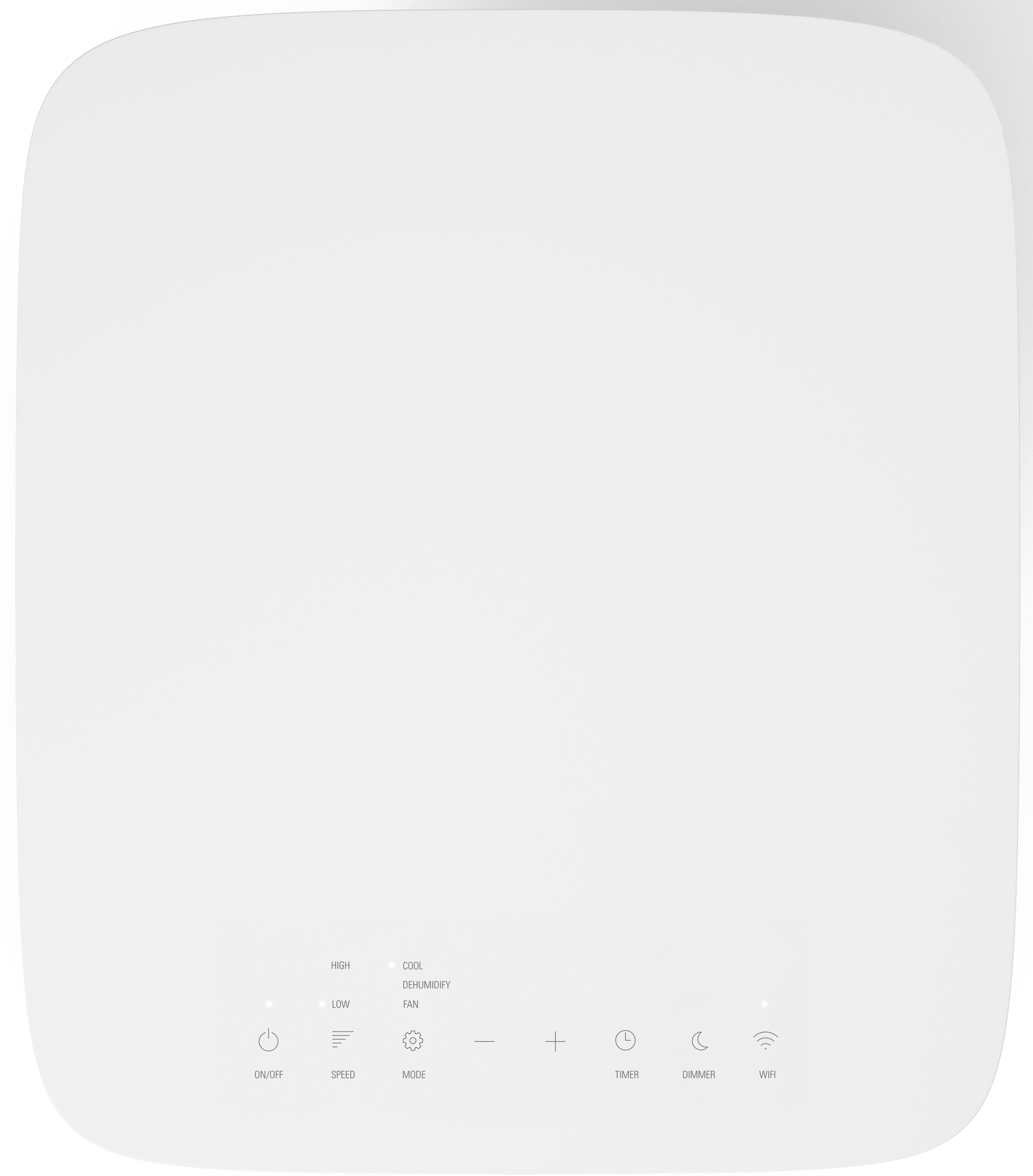 Un pannello di controllo bianco con icone per accensione/spegnimento, velocità, modalità, timer, dimmer e Wi-Fi.