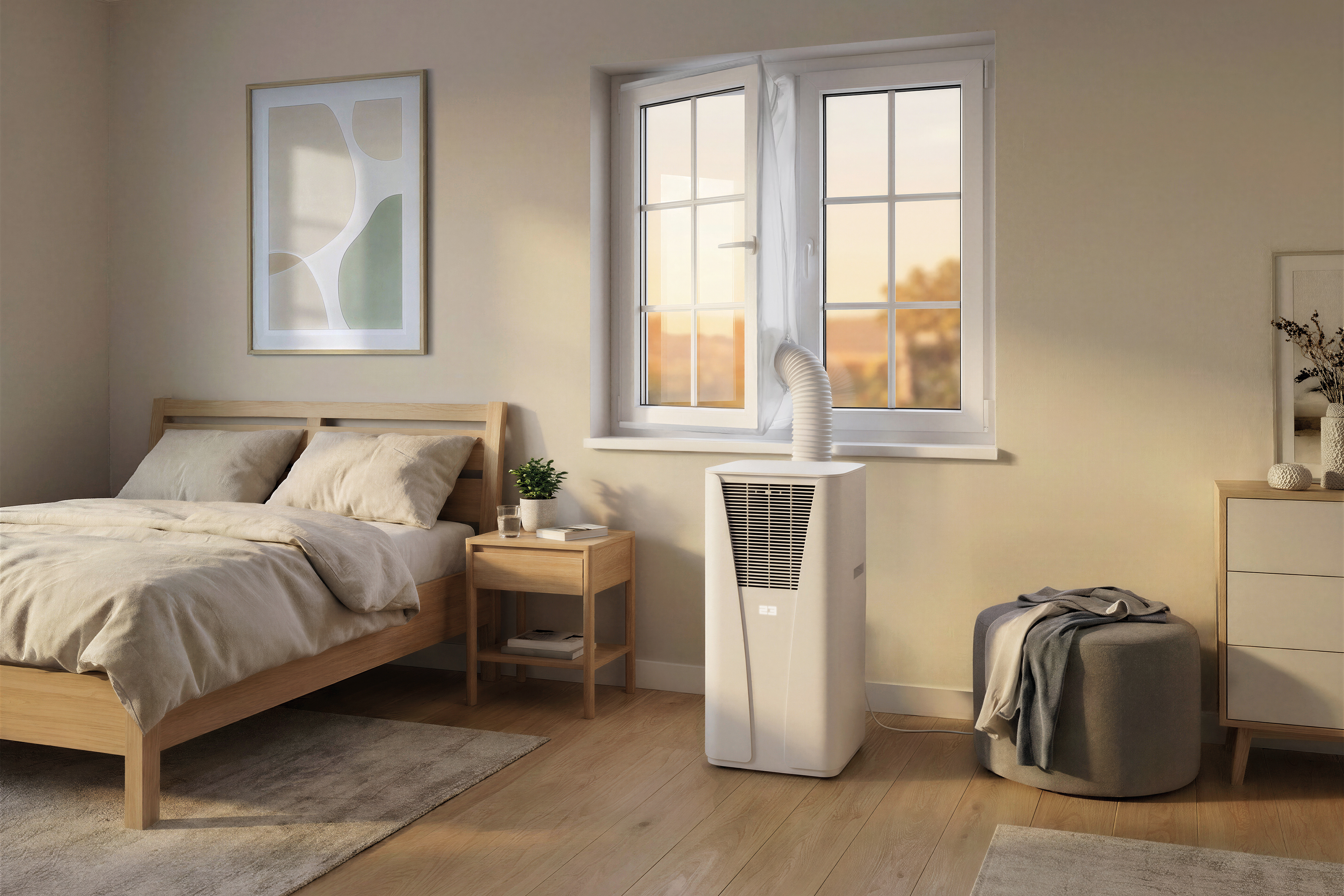 Una camera da letto con letto, comodino, condizionatore e finestra.