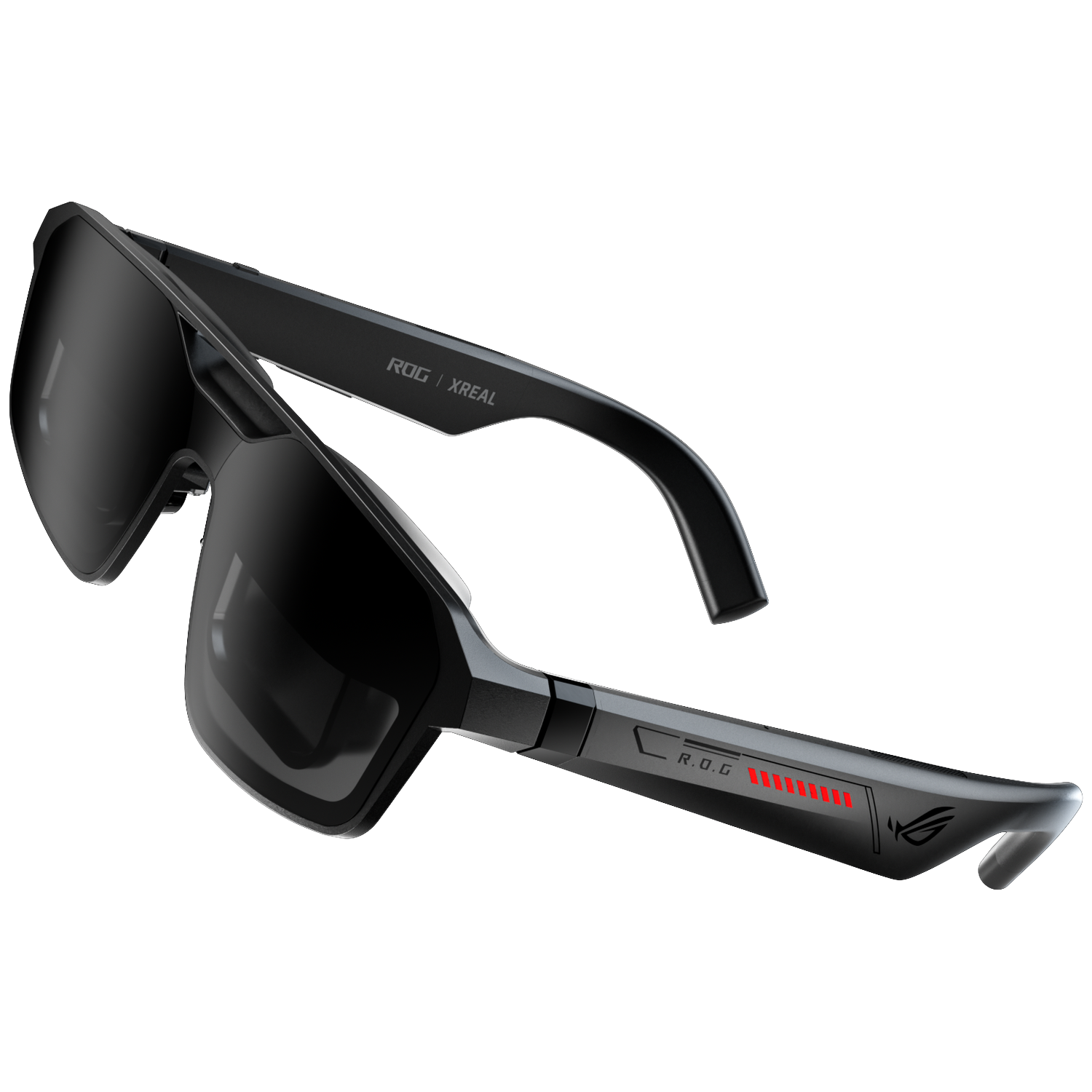 Black VR glasses with red ROG logo and lights.